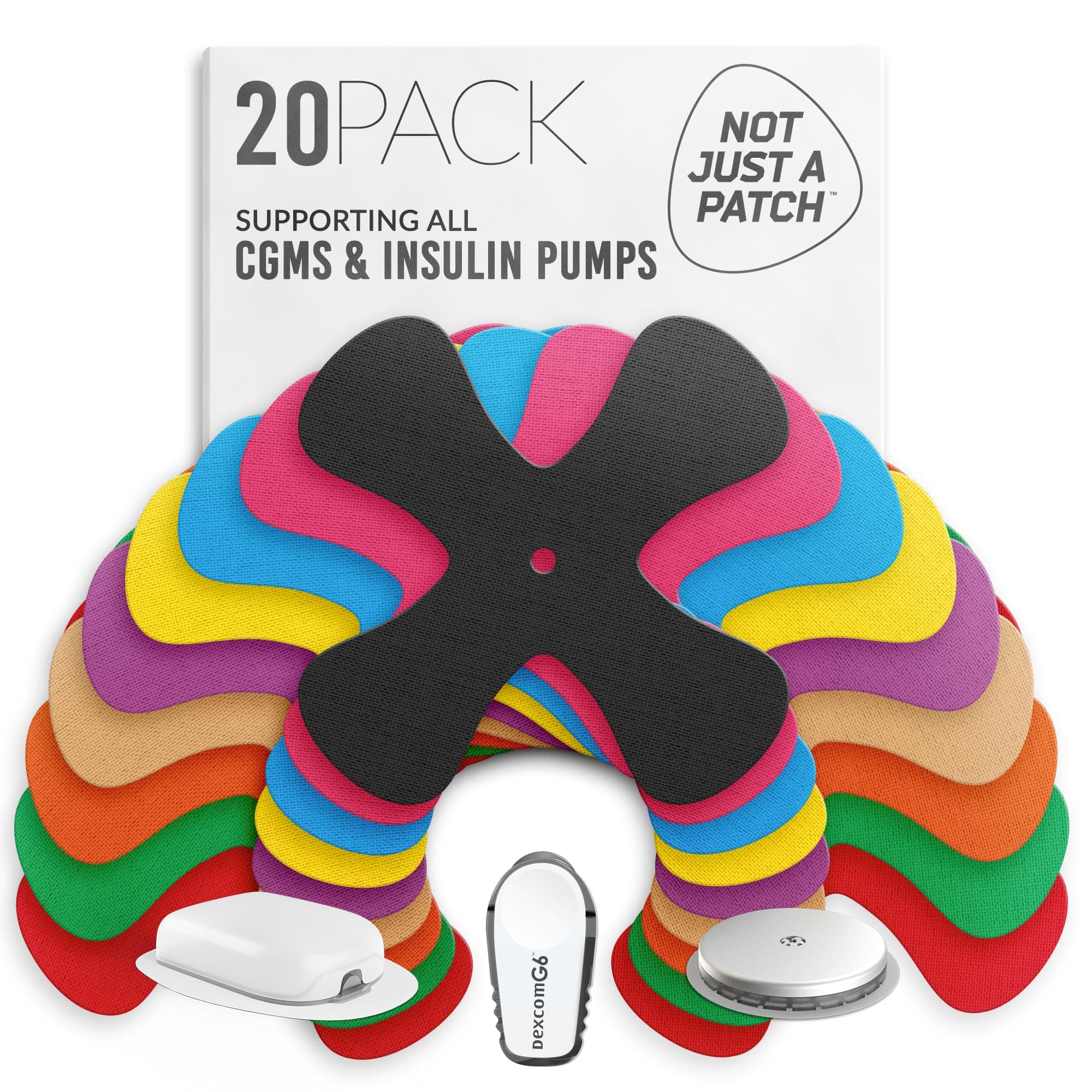 X-Patch CGM Sensor Patches (20 Pack) - Water Resistant Omnipod 5 Adhesive Patches - Durable for Active Lifestyle for 10-14 Days - Compatible with Dexcom G6 G7, Libre 2 in Multi Color