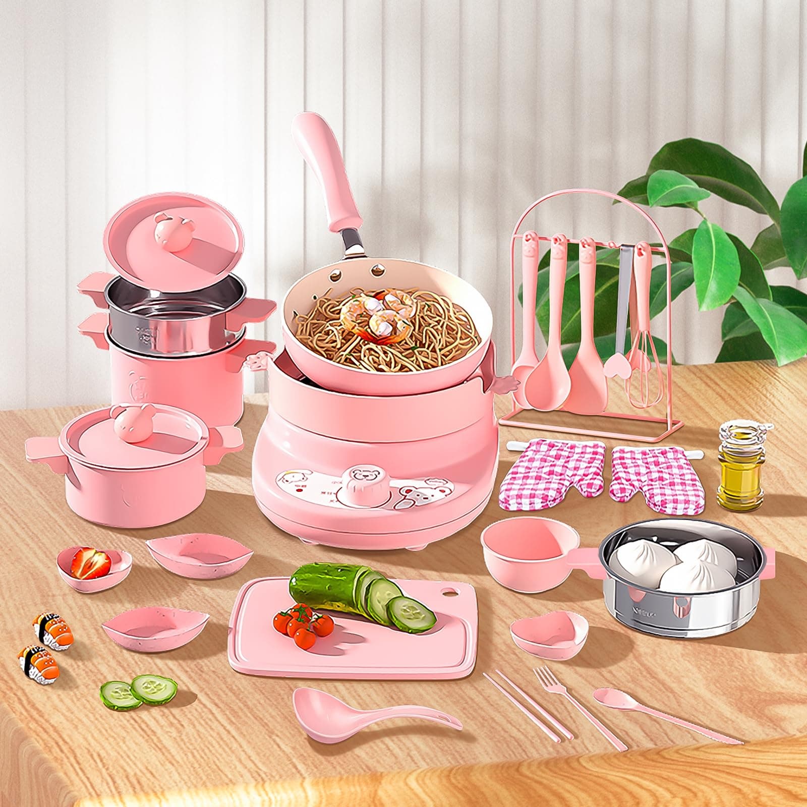 Mini Cooking Sets Real Easy Montessori Kitchen Safe Tools Making for Beginner Cooking Educational(Pink)