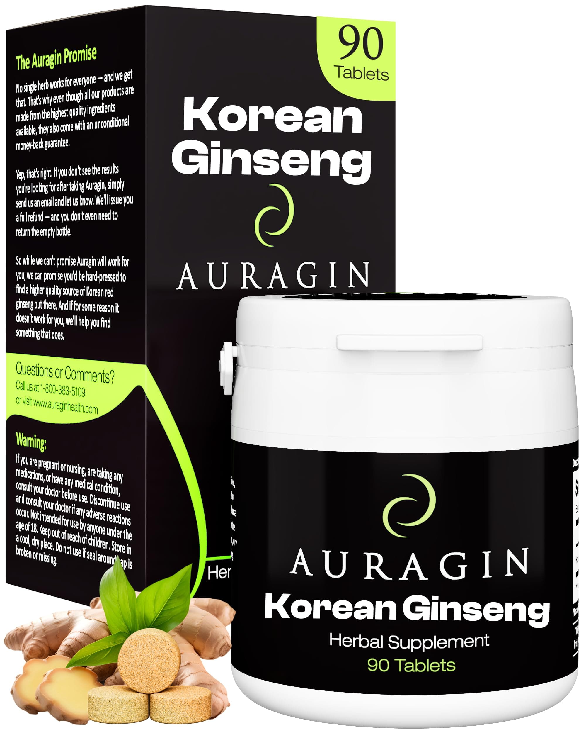 Auragin® Authentic Korean Red Ginseng – Made in Korea – 6 Year Roots – No Additives or Other Ingredients – 100% Red Panax Ginseng in Every Tablet