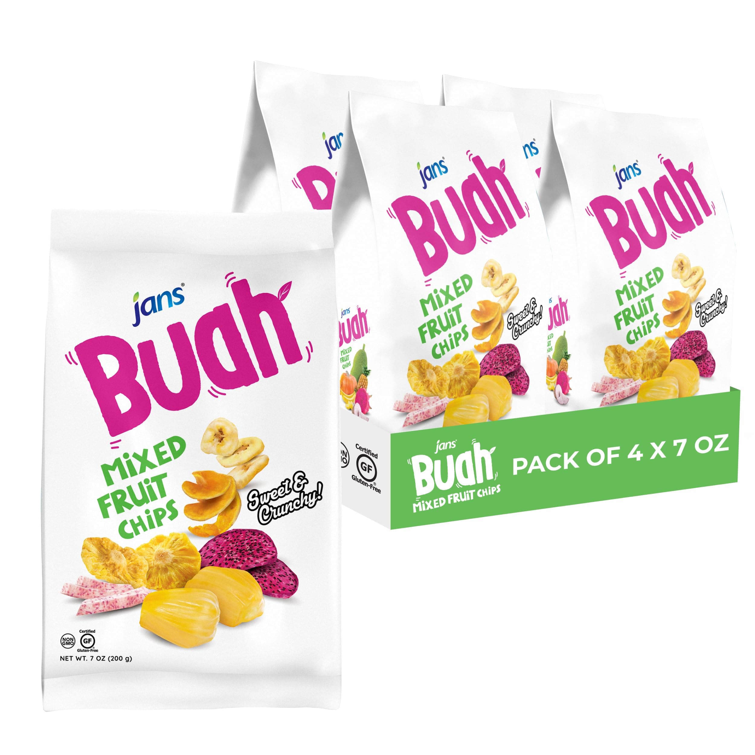 Buah Dried Fruit Chips - Experience Real Dried Mixed Fruit, Gluten-Free, Sweet & Crunchy, Ready-to-Eat, Perfect for Anytime Snacking (Pack of 4, Mixed Fruit)