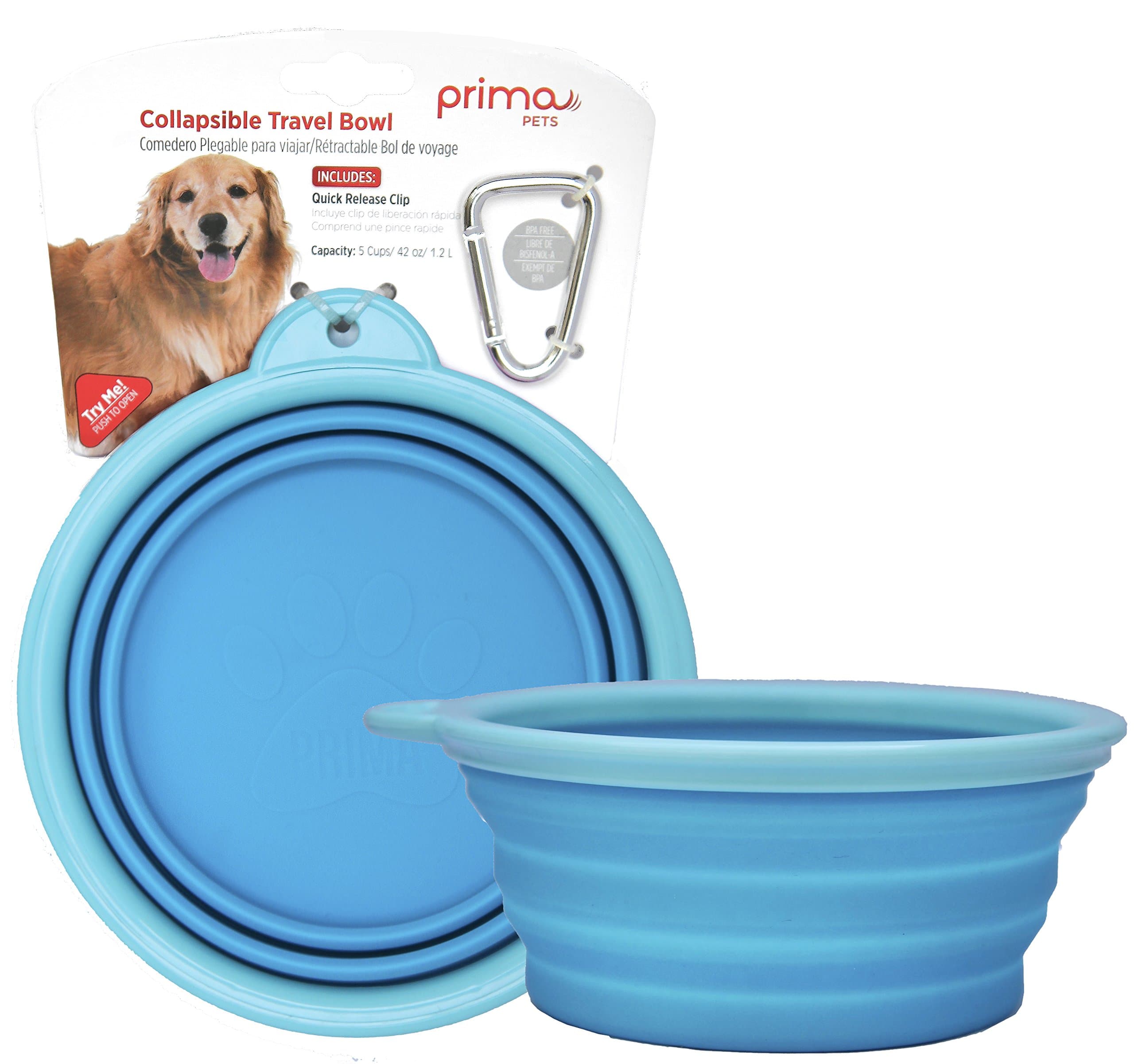 Prima Pet Expandable / Collapsible Silicone Food & Water Travel Bowl with Clip for Medium & Large Dog, Portable and Durable Pop-up Feeder for Convenient On-the-go Feeding, Size: 5 Cups (7 Inch Diameter Bowl) (LARGE (5 CUPS), AQUA)