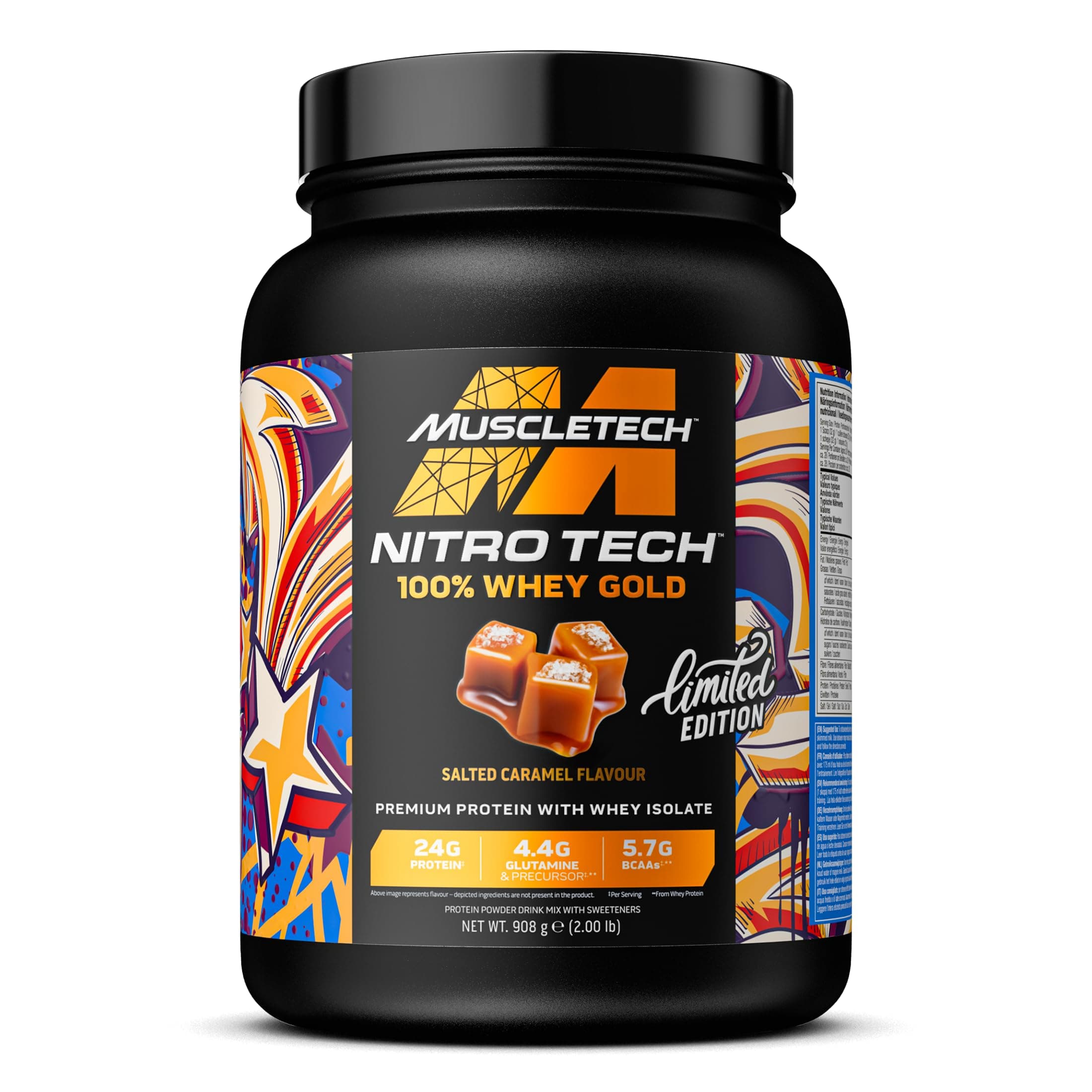 MuscleTech NitroTech 100% Whey Gold Protein Powder, Build Muscle Mass, Whey Isolate Protein Powder & Peptides, Protein Shake For Men & Women, 5.7g BCAA, 28 Servings, 908g, Salted Caramel