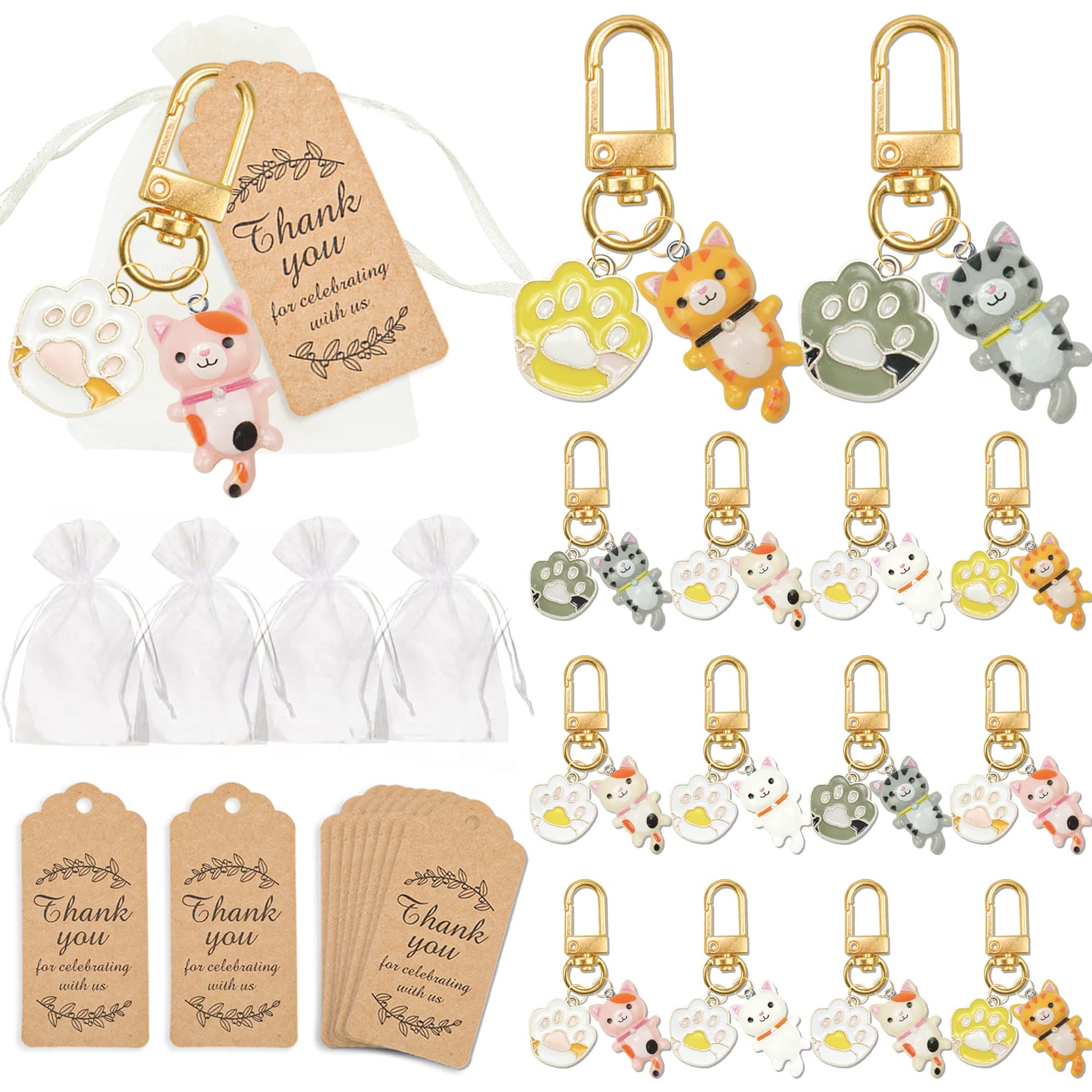 BANBALLON 12 Pack Cat Party Favors, Cute Cat Hanging Keychain Decoration With Organza Bags Thank You Kraft Tags for Party Favors Classroom Prizes Cat Themed Birthday Party Gifts