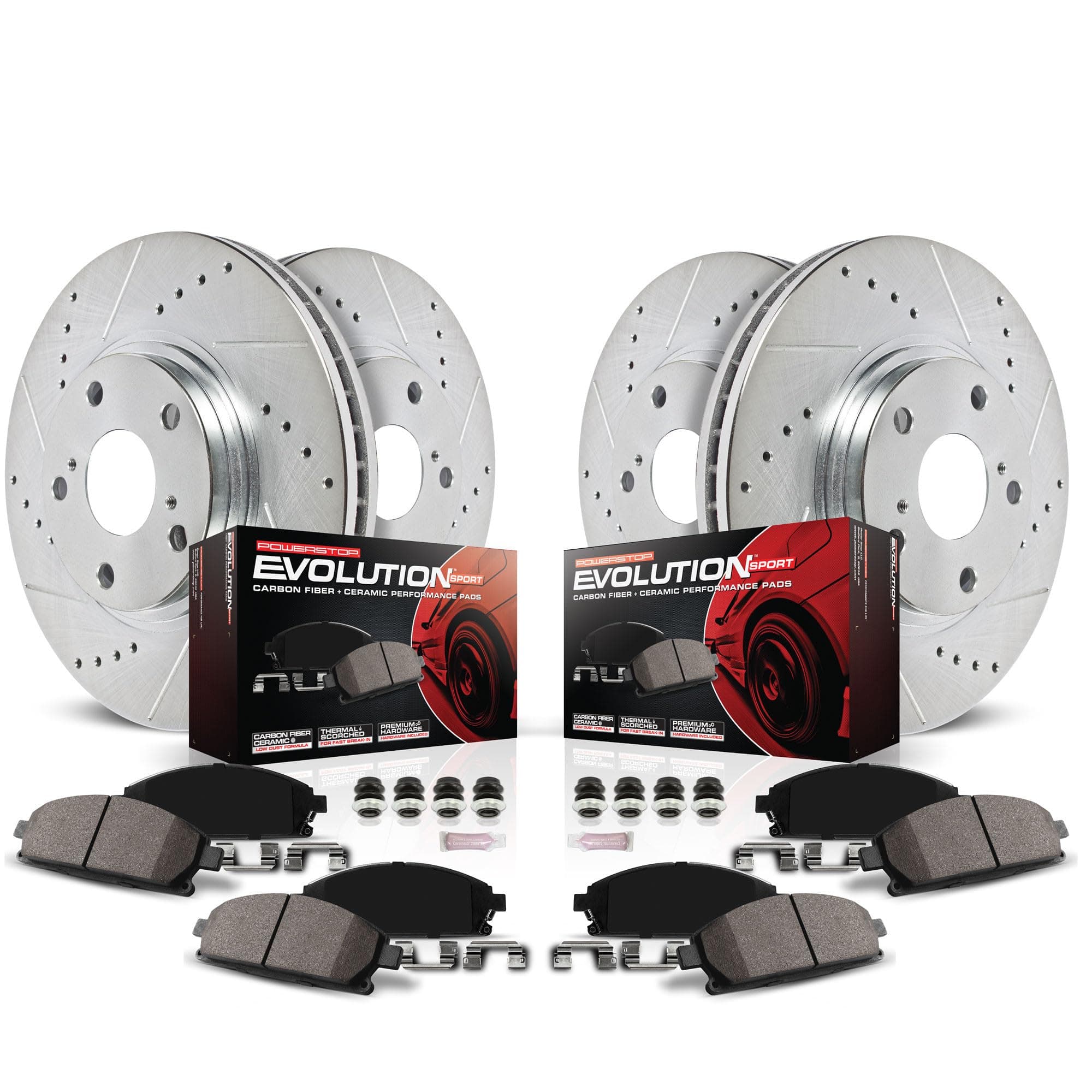 Power StopK1034 Front & Rear Brake Kit with Drilled/Slotted Brake Rotors and Z23 Evolution Ceramic Brake Pads