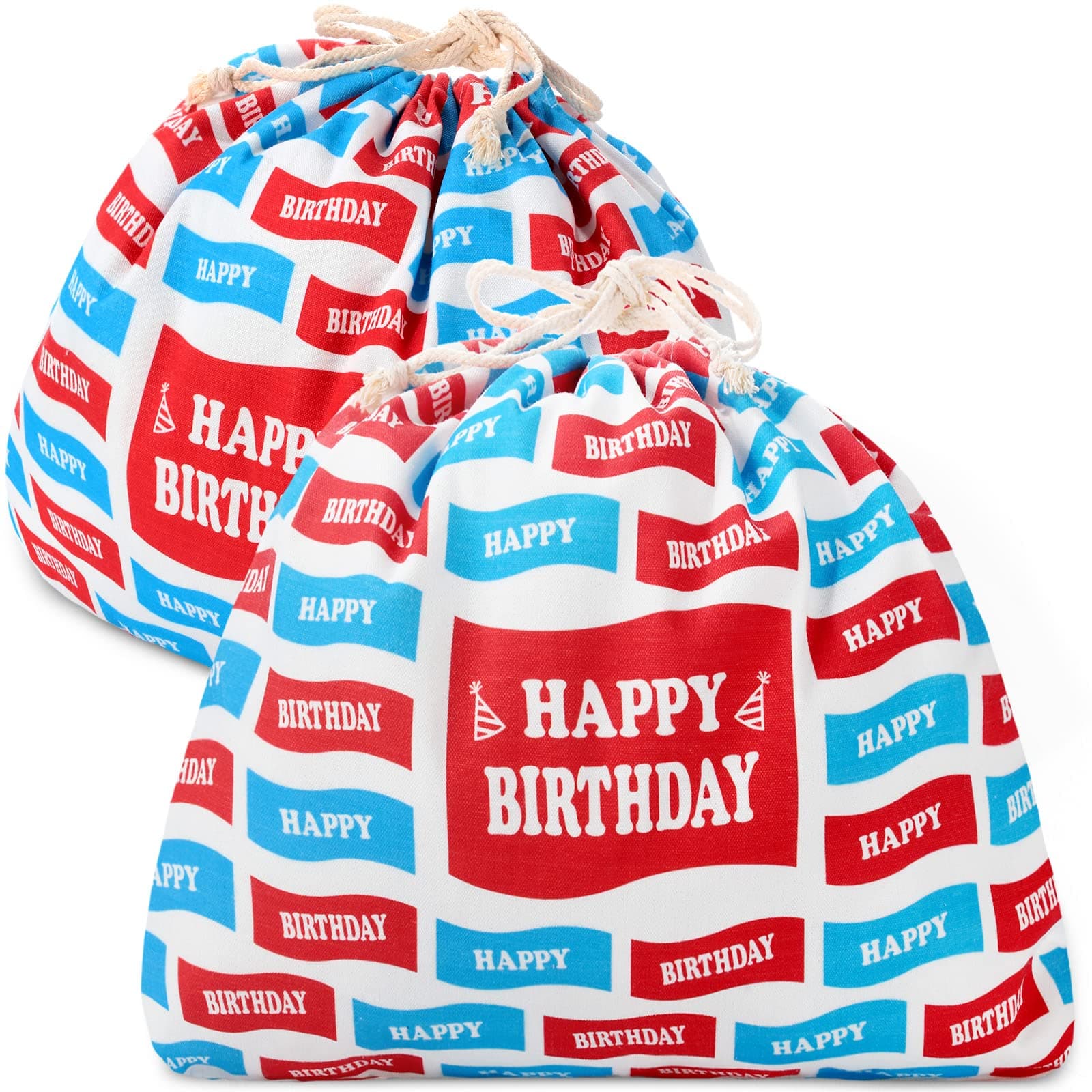 Riakrum 2 Pieces 20x16 Inch Large Birthday Drawstring Gift Bag Canvas Gift Bags with Drawstring Printed with Red and Blue Happy Birthday Flags Drawstring Gift Bag for Friends