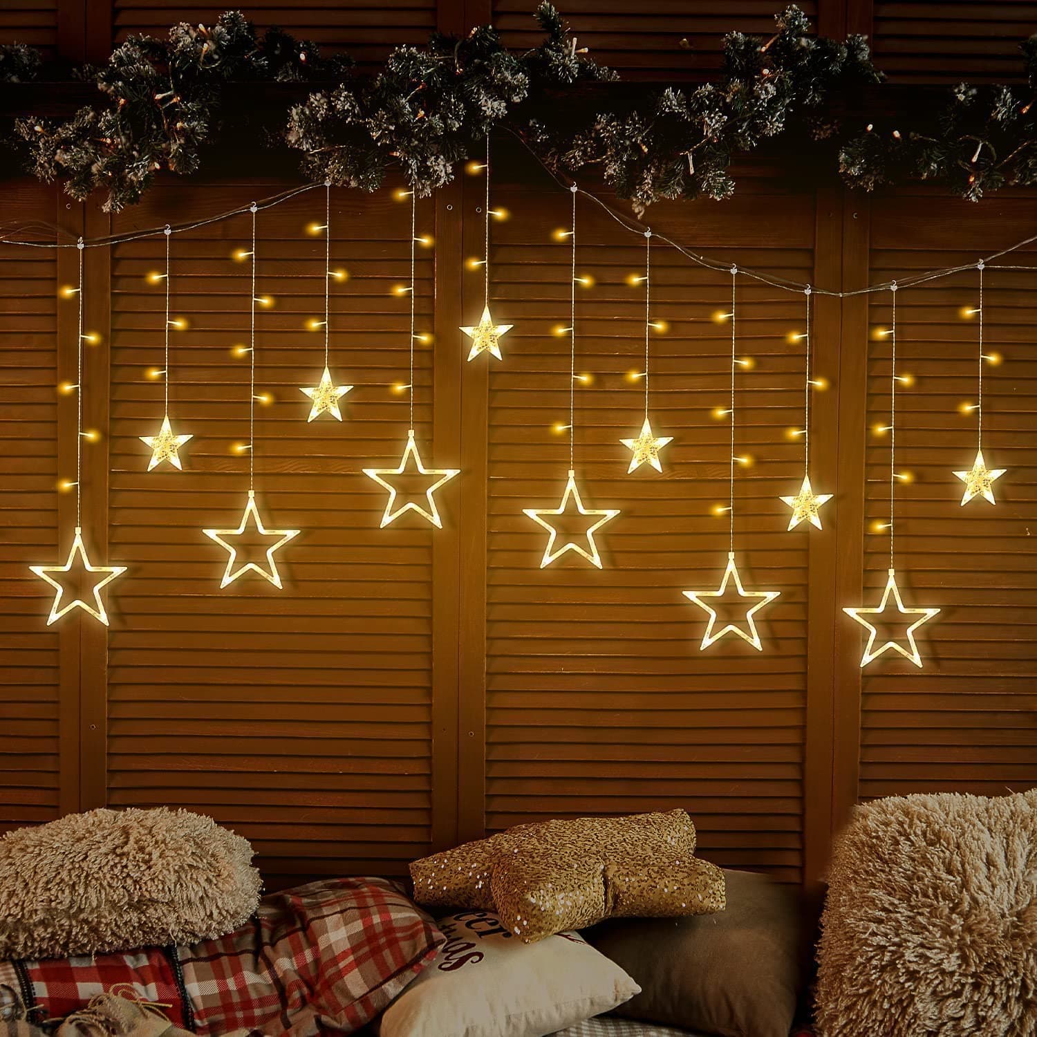 Star Curtain Light | 6 Big Star 6 Small Star Light | with 8 Flashing Modes | 12 Stars | Warm White | for Indoor & Outdoor Decorations