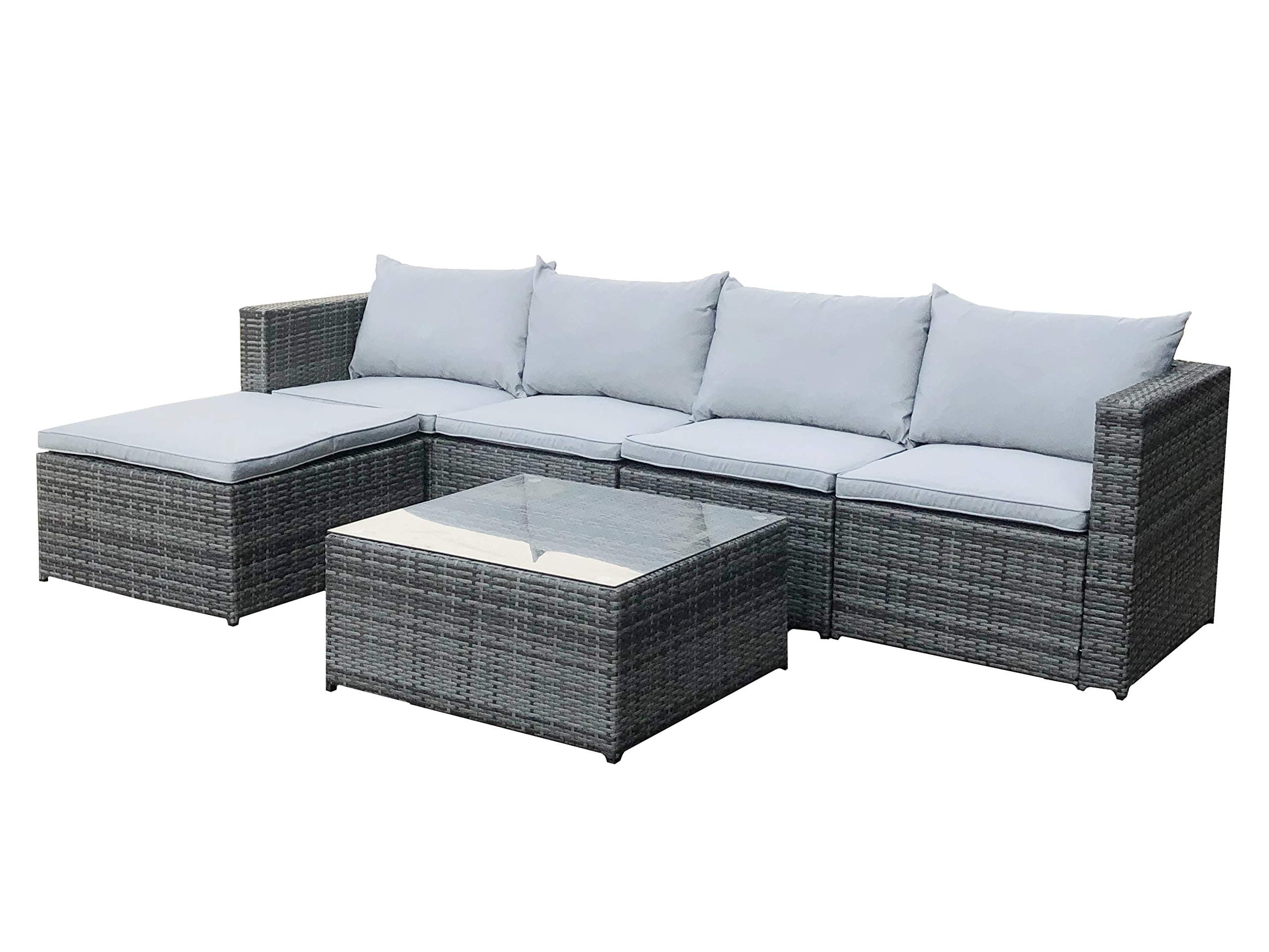 Miami Grey Rattan Outdoor Garden Furniture Set, Corner Sofa, Glass Coffee Table Foot Stool and Cushions for Patios Conservatories Indoor Seating Dining