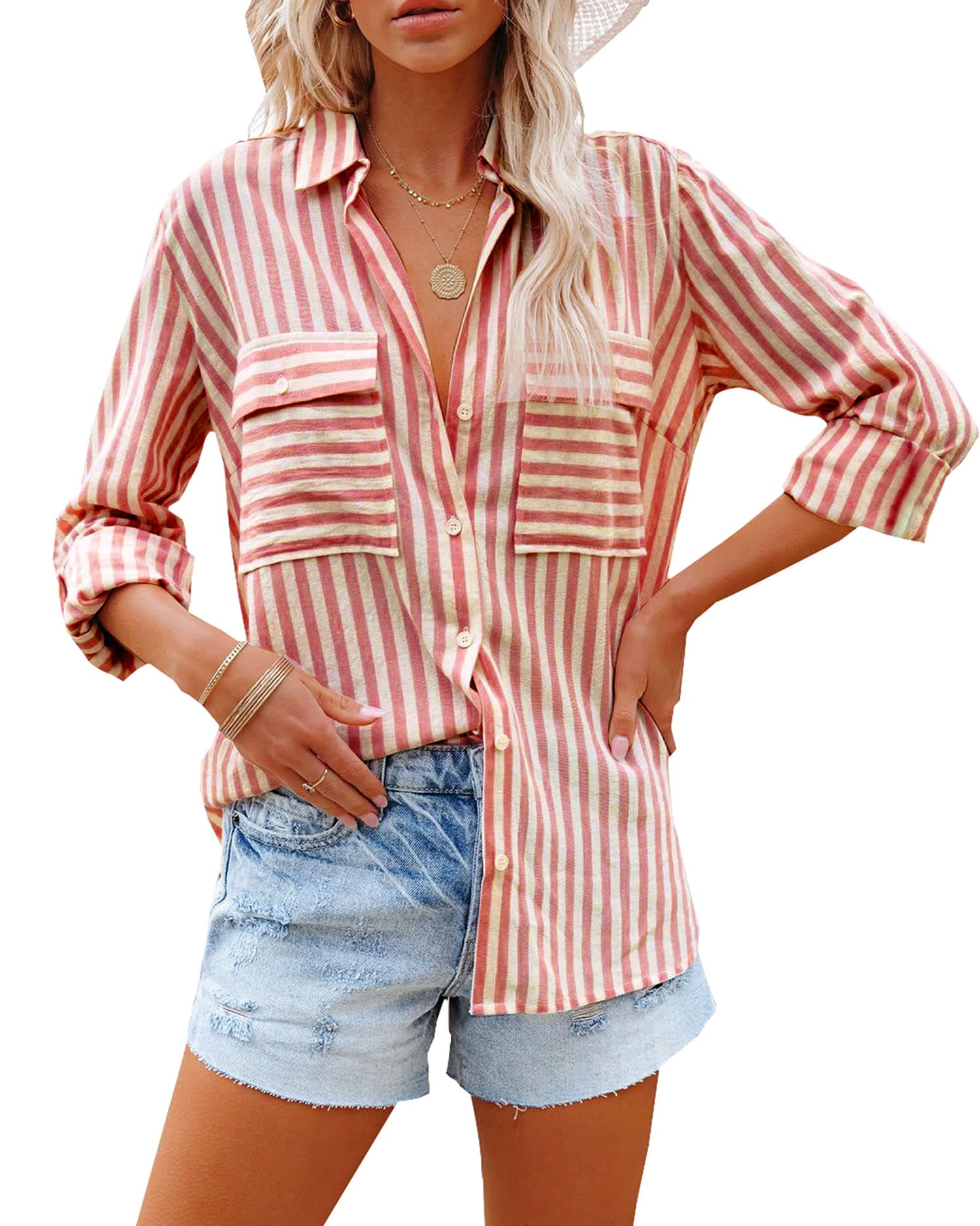 Women's Striped Button Down Shirts Casual Long Sleeve Stylish V Neck Blouses Tops with Pockets