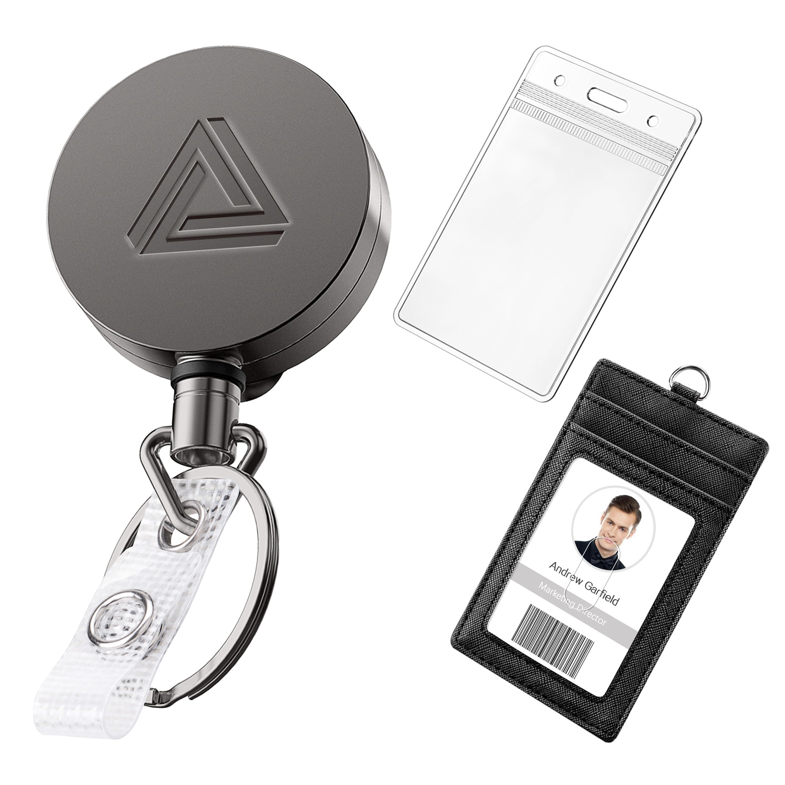 Heavy Duty Metal Retractable Badge Holder Reel with Belt Clip Key Ring, Waterproof Vertical Clear ID Card Holder and PU Leather Badge Holder