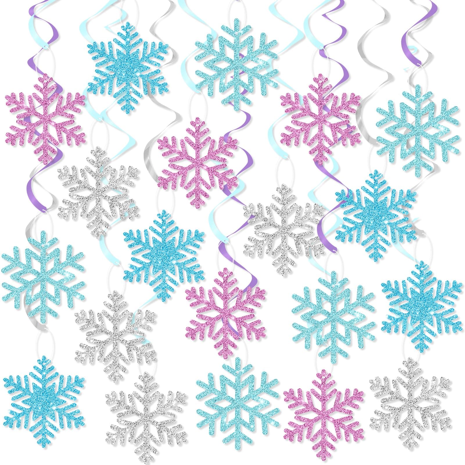 Snowflake Hanging Decorations, Winter Party Hanging Swirls Ceiling Streamers Purple Blue White Glitter Snowflakes Garland for Winter Wonderland Baby Shower Birthday Christmas Party Decorations