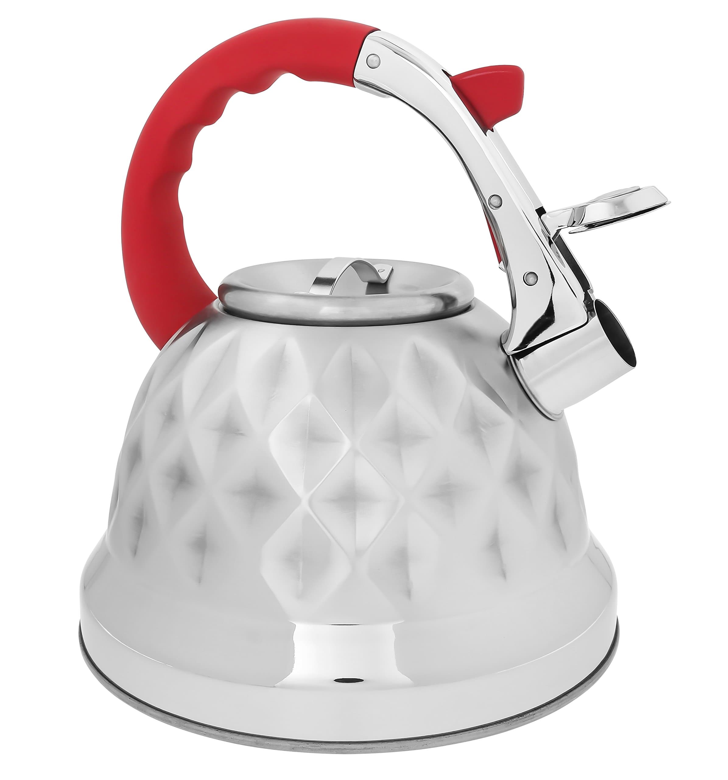 Red Whistling Tea Kettle Pot - Aviation Grade Stainless Steel for All Stovetops with Layered Capsule Bottom for Faster Water Boiling When Preparing English Tea or Coffee, 3.2 Liters