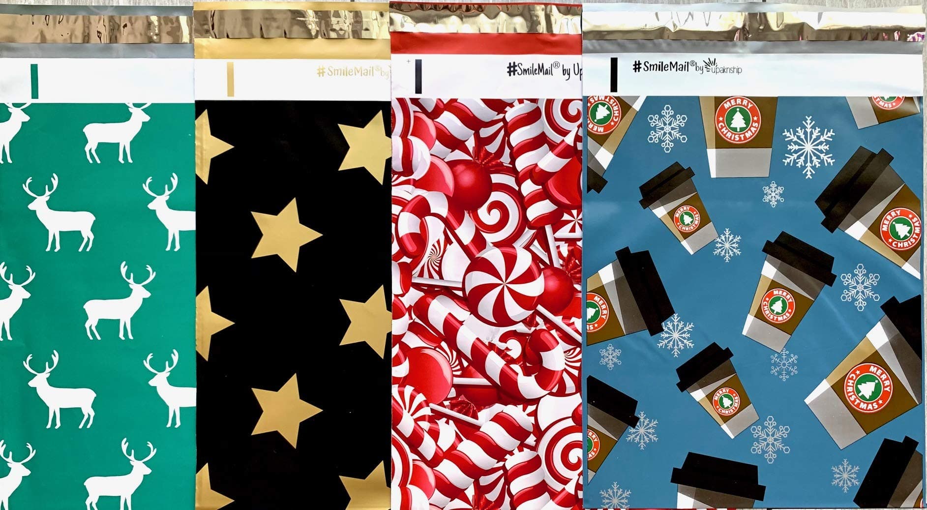 Xmas Holiday Designers Poly Mailers 10x13 : Candy Cane, Reindeer Deer Elk, Gold & Black Stars; Printed Self Sealing Shipping Poly Envelopes Bag (20 Pcs Total)