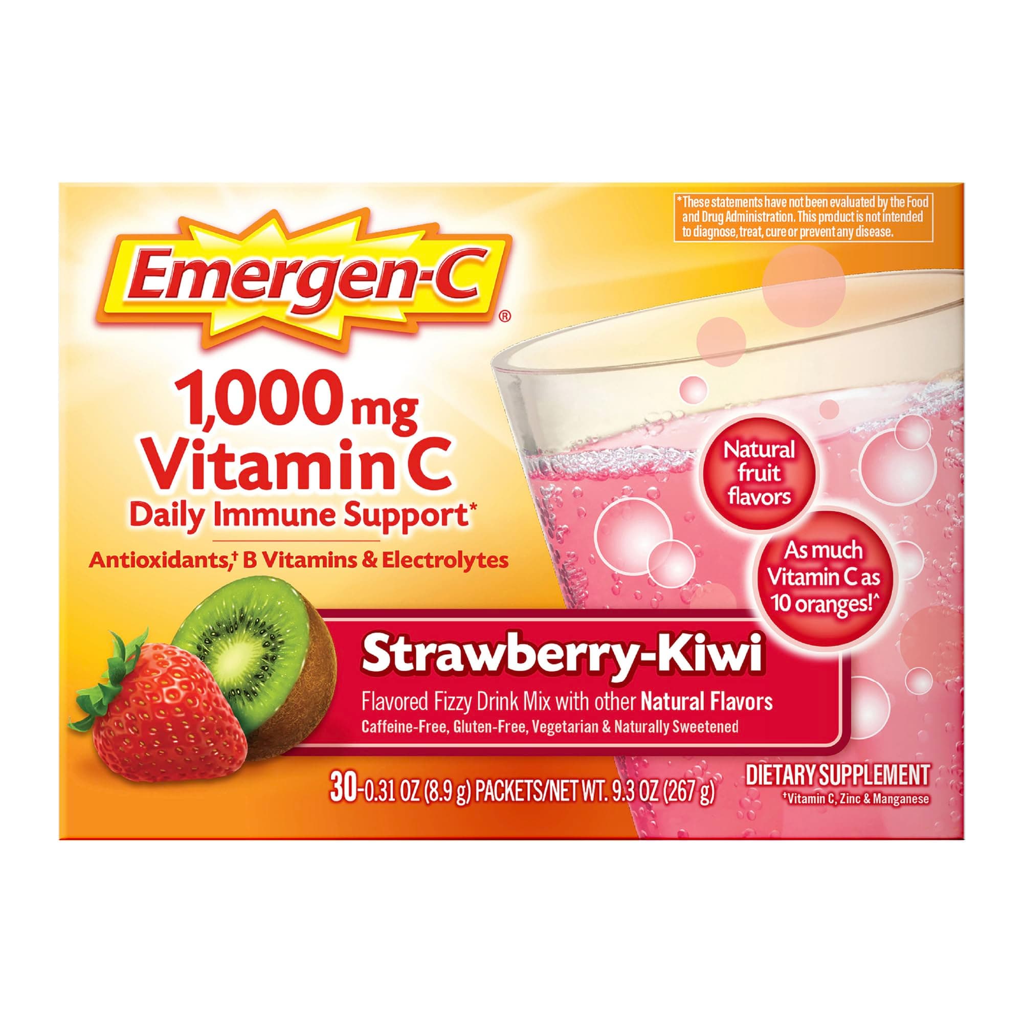 Emergen-C 1000mg Vitamin C Immune Support Powder Strawberry Kiwi 30CT includes Zinc, Manganese, 7 B Vitamins and Electrolytes for Back to School Essentials