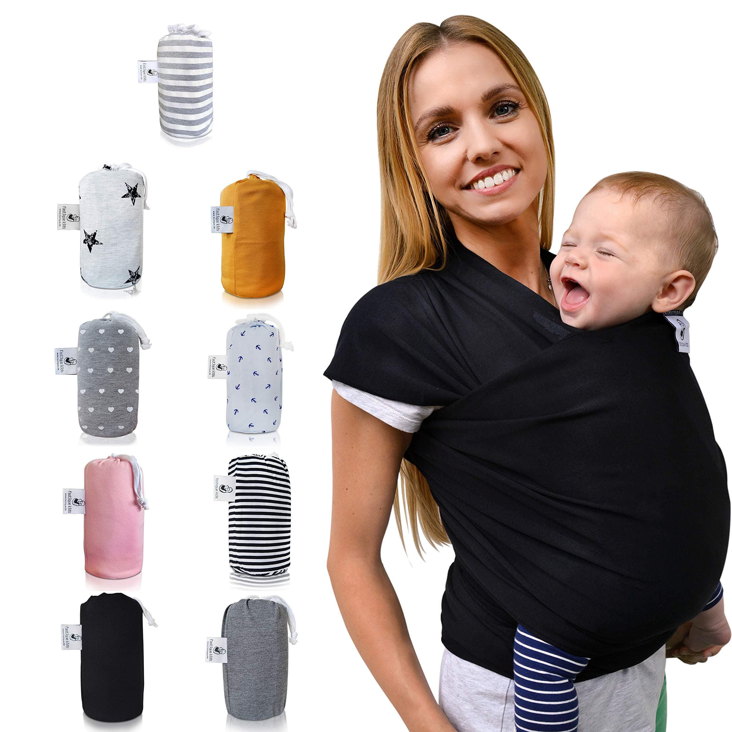 Baby Wrap Sling »Fastique Kids« | Baby Carrier Multiple Positions Soft and Lightweight | Sling for Newborn Toddlers & Infants from Birth + Free eBook (Black)