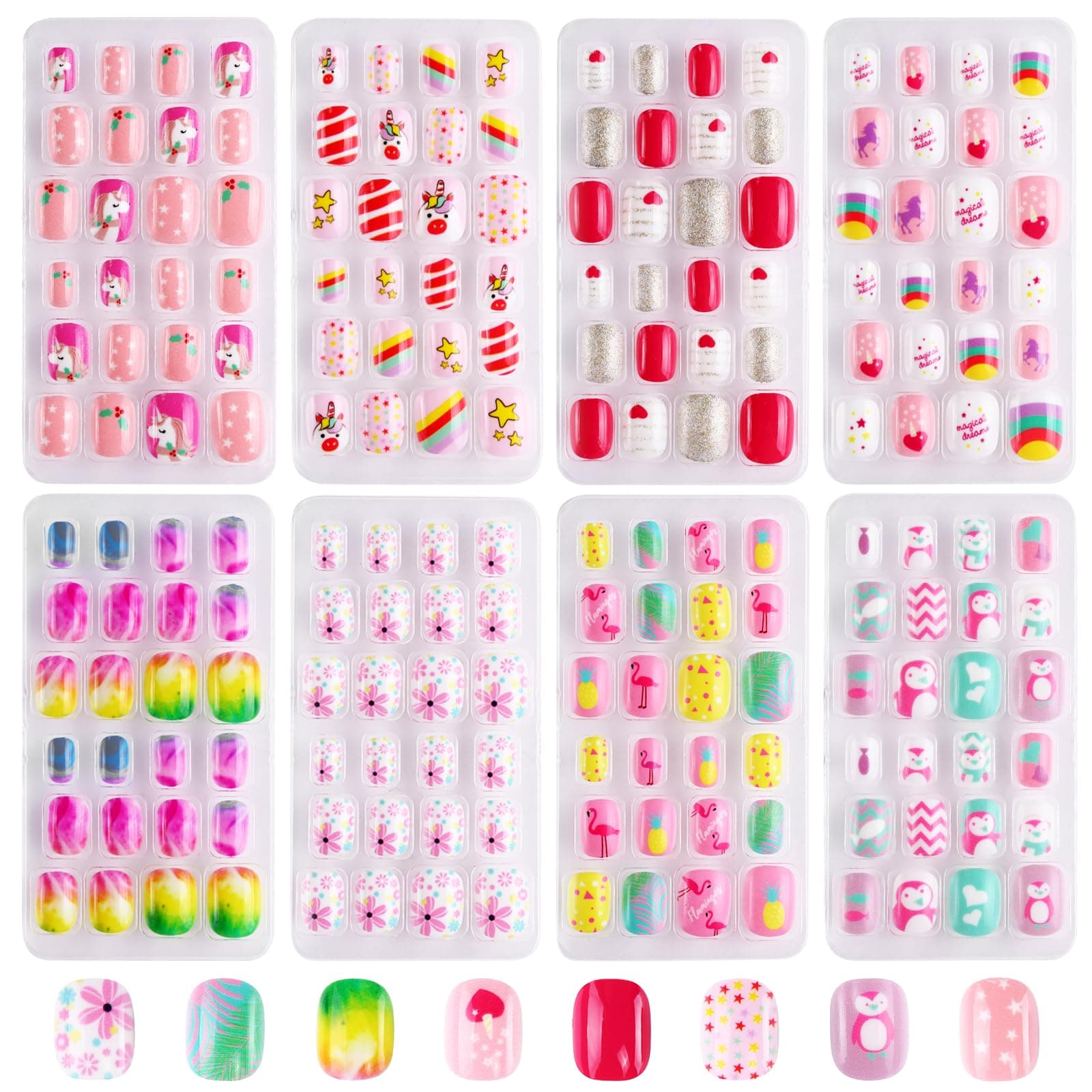192Pcs Short Press on Nails for Kids,8 Packs Children Stick on Nails Fake Nails for Kids, Pre-glue Full Cover Glitter Gradient Color Unicorn Animal Kits Sets for Girls