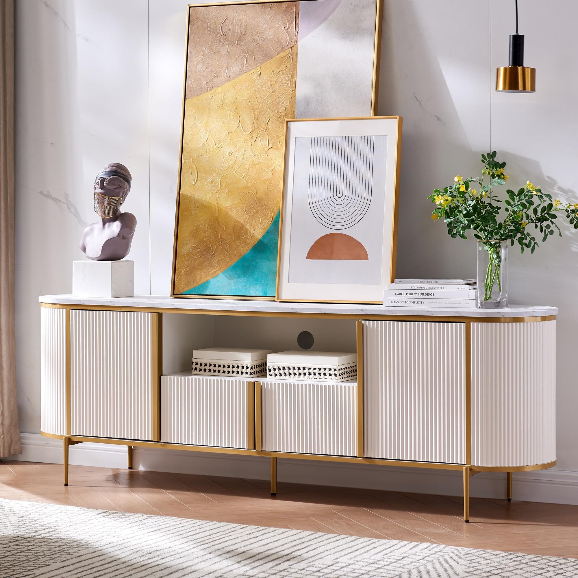 OKD Luxury 70" Fluted TV Stand, Modern Chic Entertainment Center for TVs Up to 80 inches, TV Console with Faux Marble Top, Curved Profile Design, Media Console for Living Room, Off White