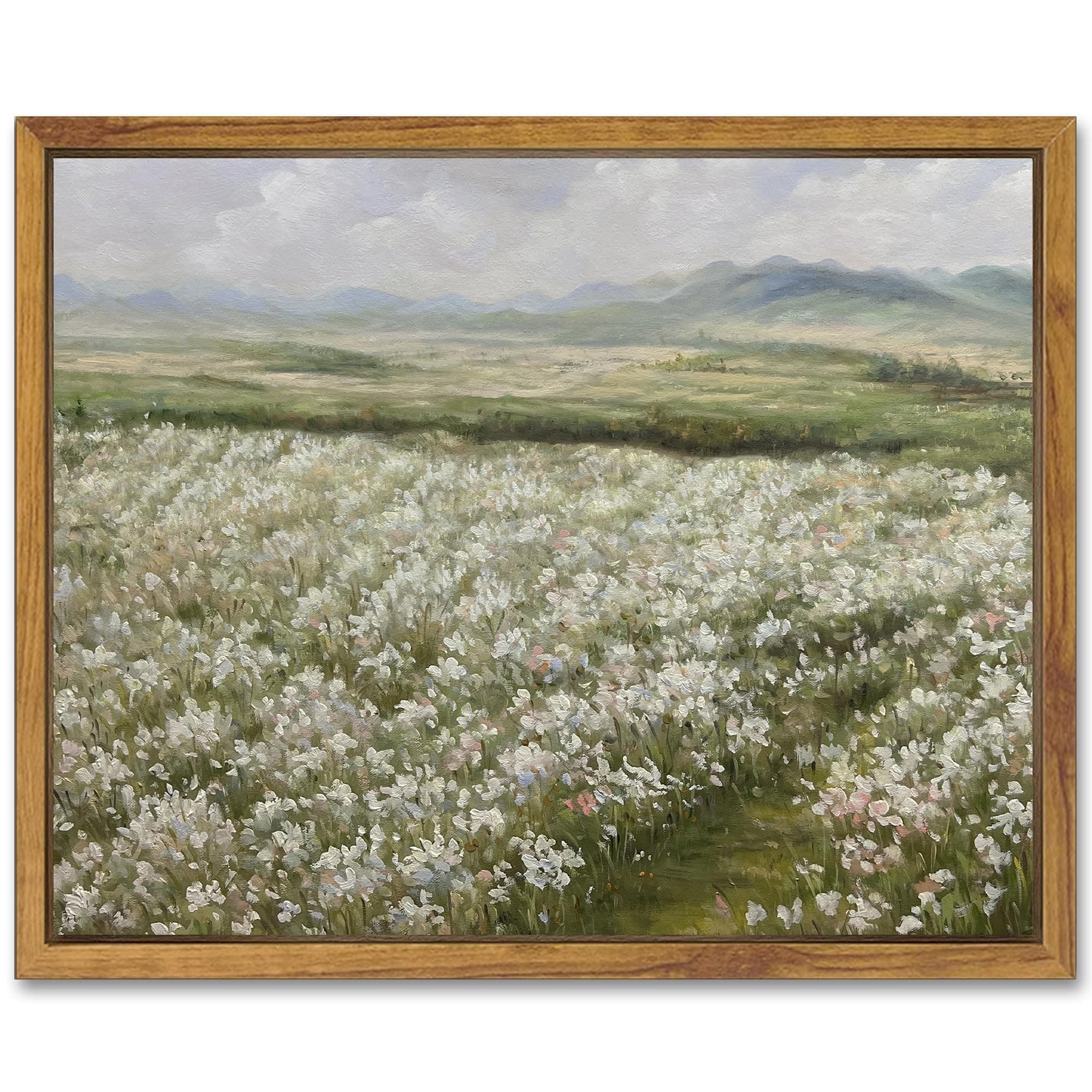 SHENIFY Vintage Landscape Framed Canvas Wall Art Countryside Flower Field Classic Paintings Farmhouse Kitchen Office Decor - 8x10in Natural Framed