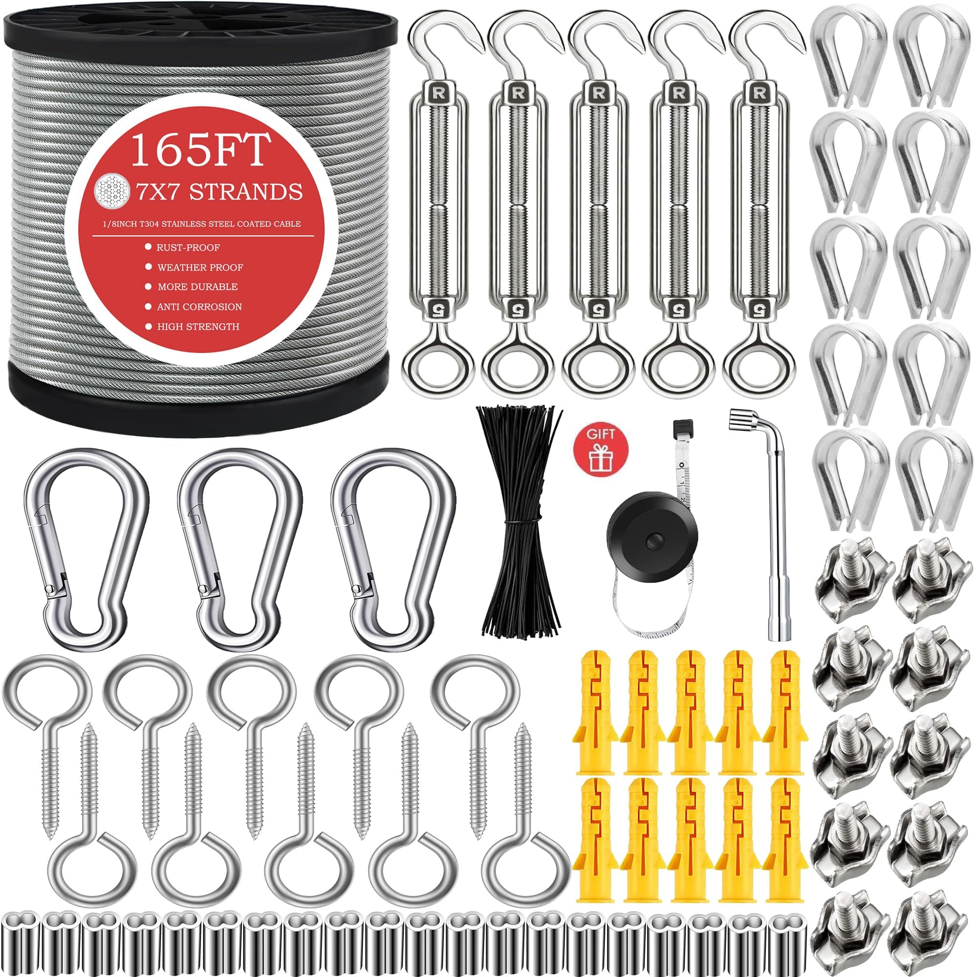 1/8" Stainless Steel Cable,1/8" Wire Rope,M5 Turnbuckle Kit,165FT Wire Tensioner for String Light Hanging Kit,Aircraft Cable,Guy Wire,Stainless Steel Wire Rope Kit