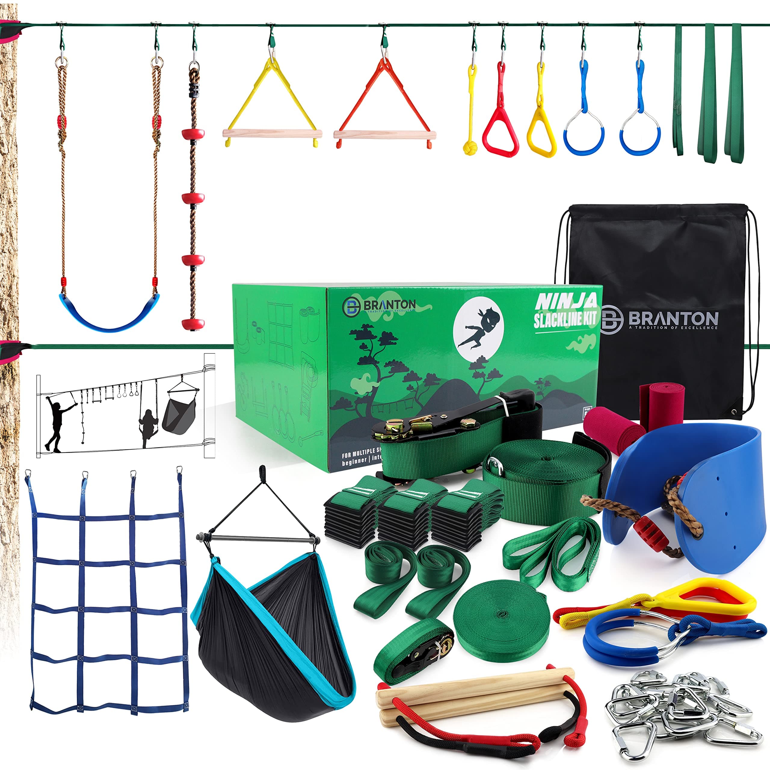 Ninja Obstacle Course for Kids - 2 X Ninja Kit 50ft with Many Accessories for Kids (Inc. Hammock Swing)