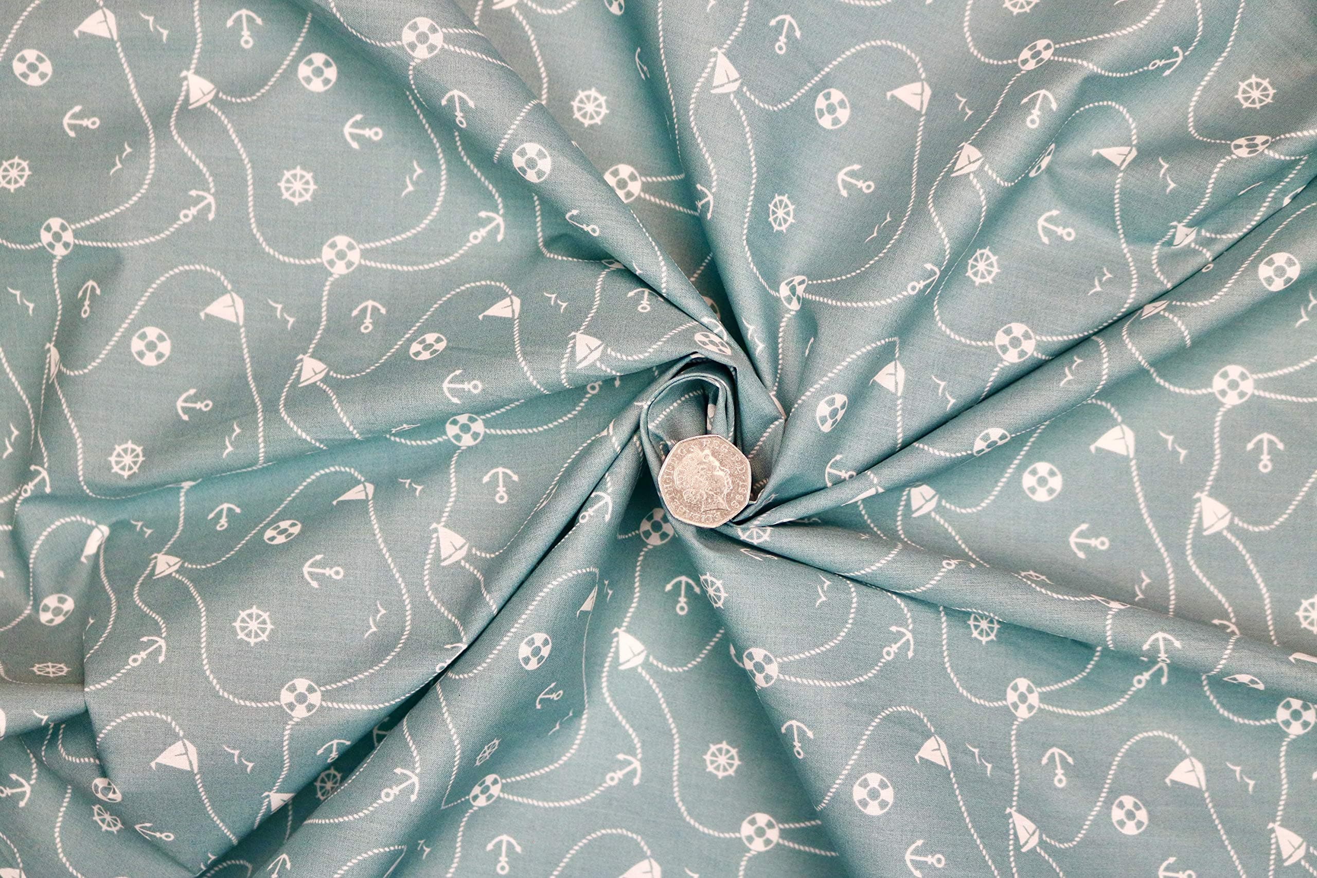 Pyrhan Nautical Anchor Patterned Polycotton Prints –Similar to 100% Cotton Fabric by Metre -45 inches Wide Perfect Fabric Material for Sewing for Beach Projects- Fabric by Metre Clearance(Duck Egg)