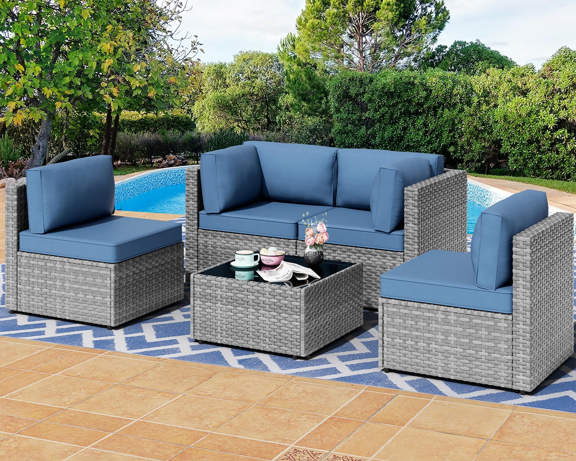 5 Pieces Outdoor Patio Sectional Sofa Couch, Silver Gray PE Wicker Furniture Conversation Sets with Washable Cushions & Glass Coffee Table for Garden, Poolside, Backyard (Aegean Blue)