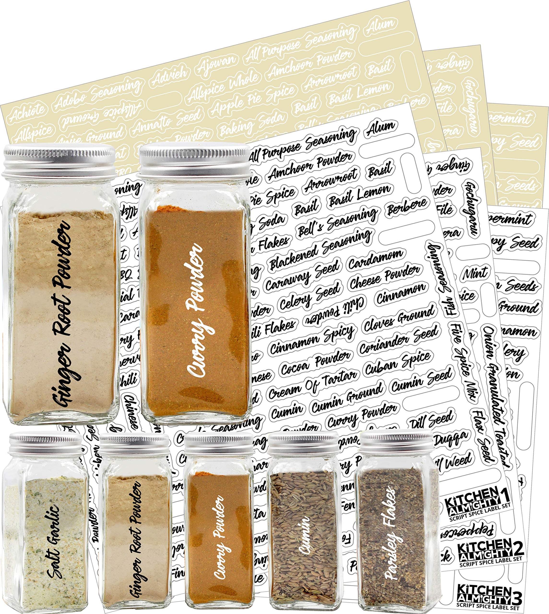564 Labels: 484 Spice Names + 80 Blank Labels | Most Script Preprinted Black & White Letters Label Set | Alphabetized Spice Label System by KITCHEN ALMIGHTY | Spice Jar Labels Spice Rack Organization