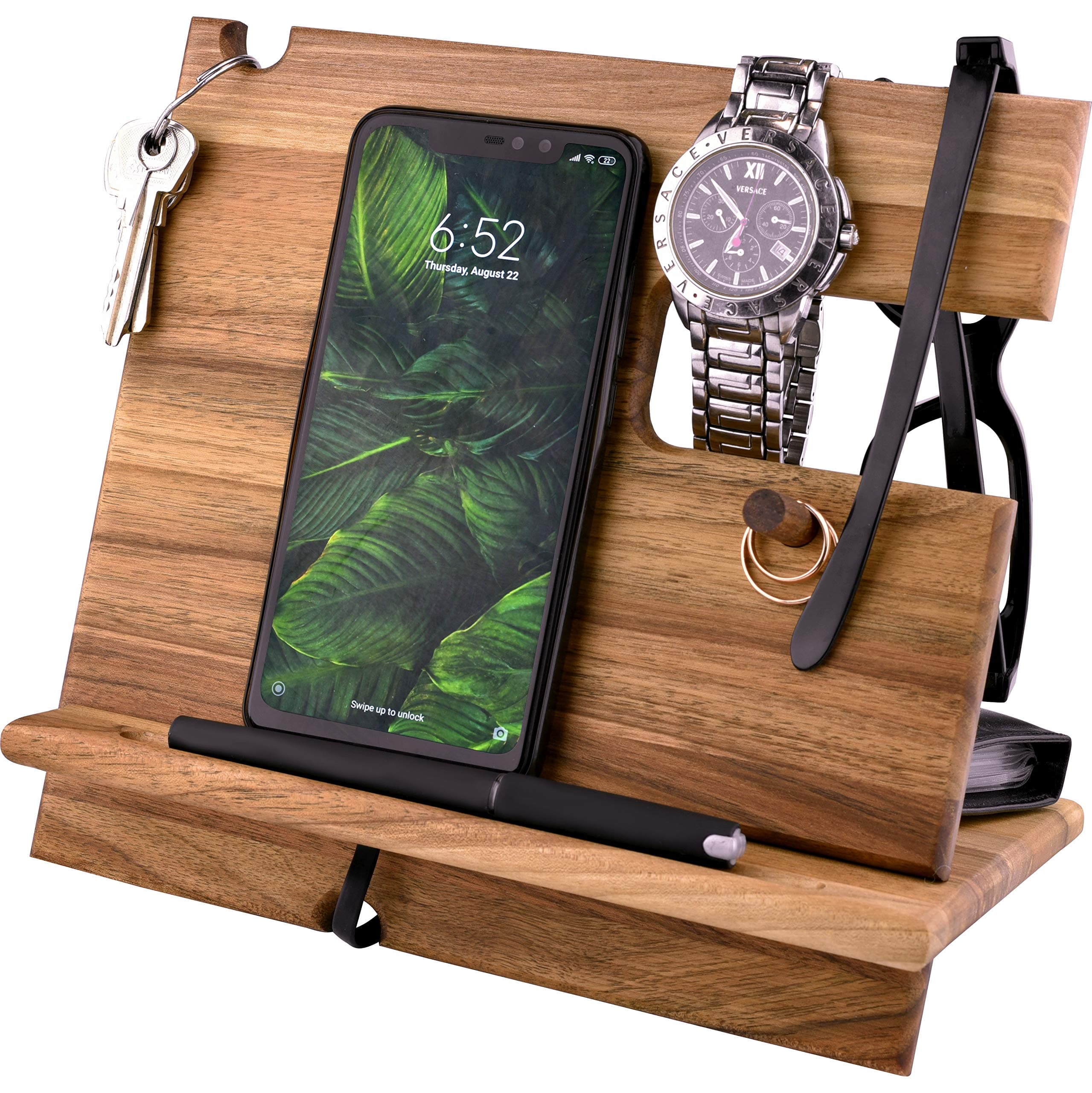 BarvA Wood Docking Station Cell Phone Smartwatch Holder Men Charging Accessory Nightstand Father Mobile Gadget Organizer Desktop Dresser Storage Valet Anniversary Birthday Graduation Gift