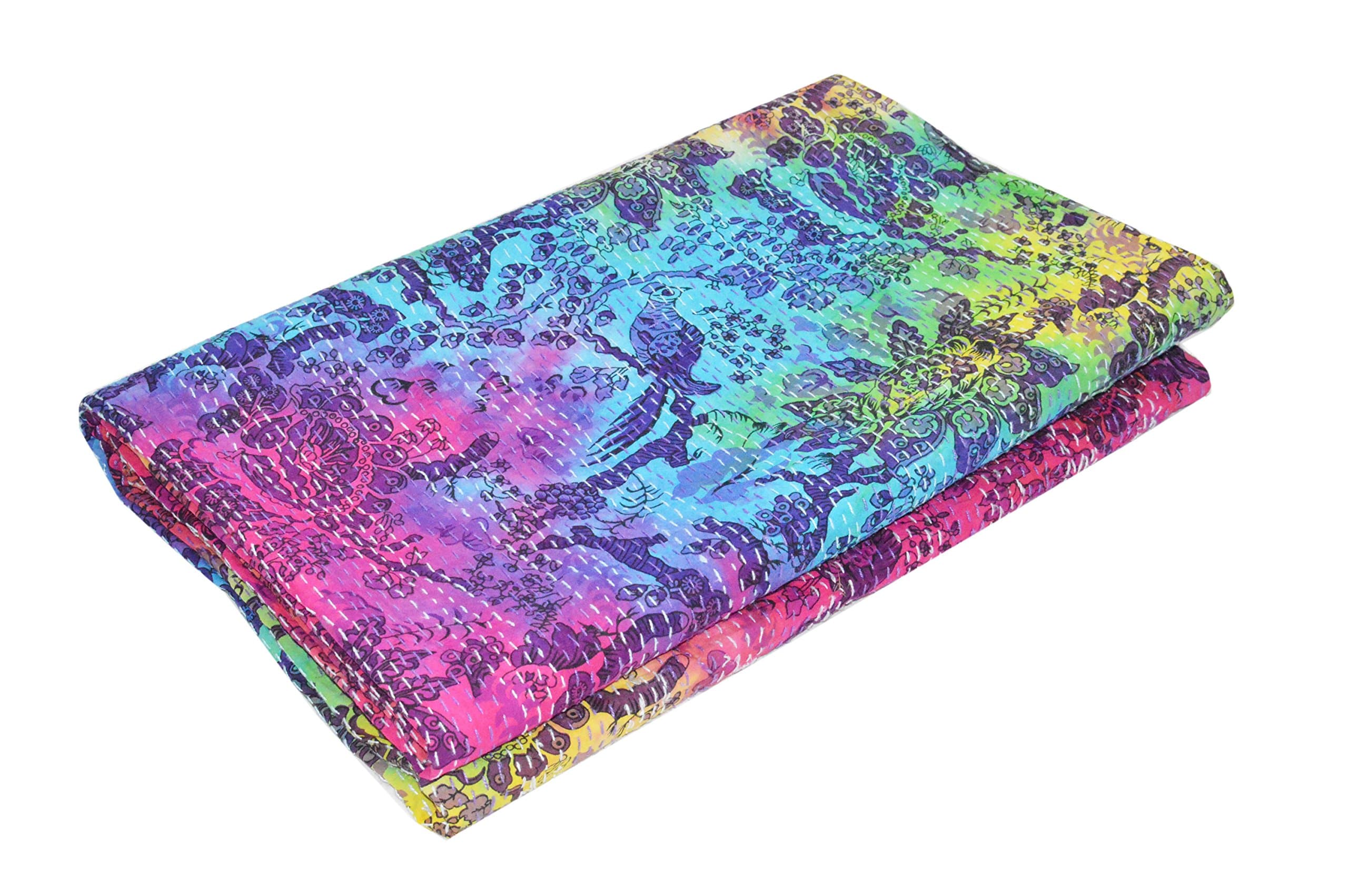 Indian Handmade Cotton Kantha Quilt Throw Blanket Bedspread (Queen Size)