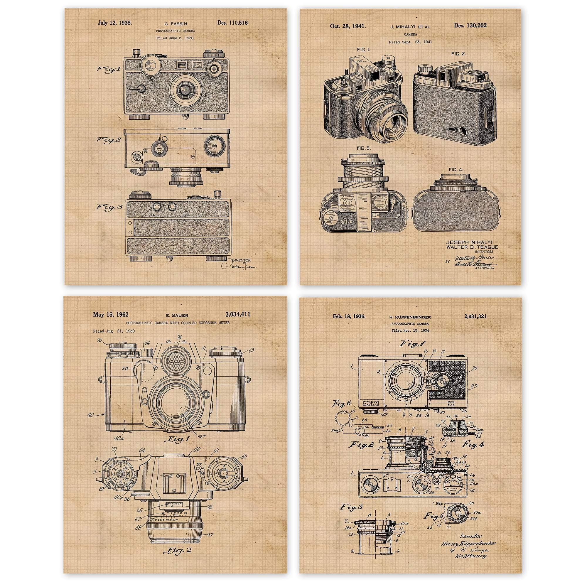Classic Film Camera Patent Prints, 4 (8x10) Unframed Photos, Wall Art Decor Gift for Home Office Gears Garage Work Studio Lab School College Student Teacher Coach Photography Sports Champs Fans