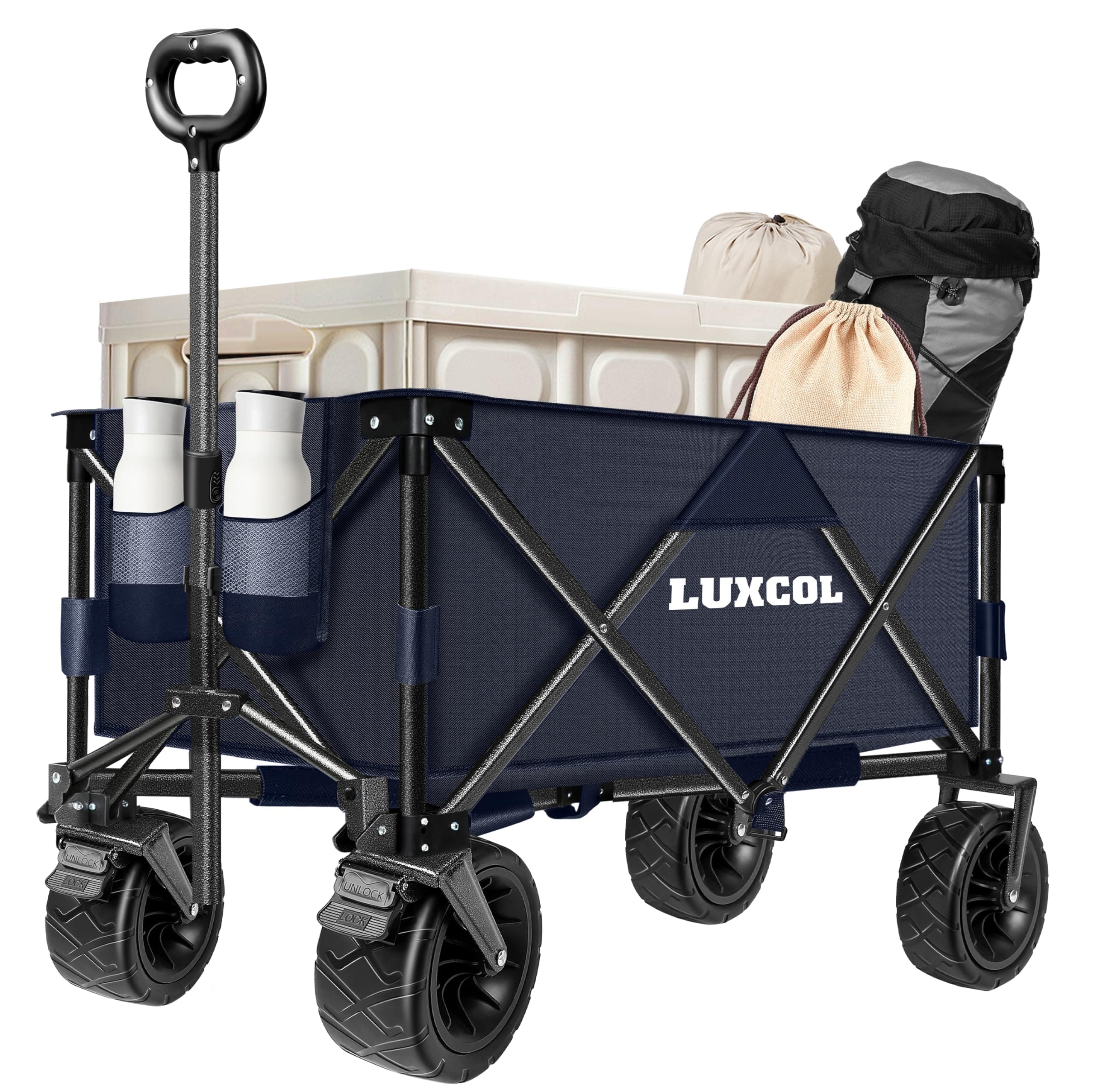 LUXCOL Collapsible Folding Wagon, Heavy Duty Utility Beach Wagon Cart for Sand with Big Wheels, Adjustable Handle&Drink Holders for Shopping, Camping,Garden and Outdoor Dark Blue