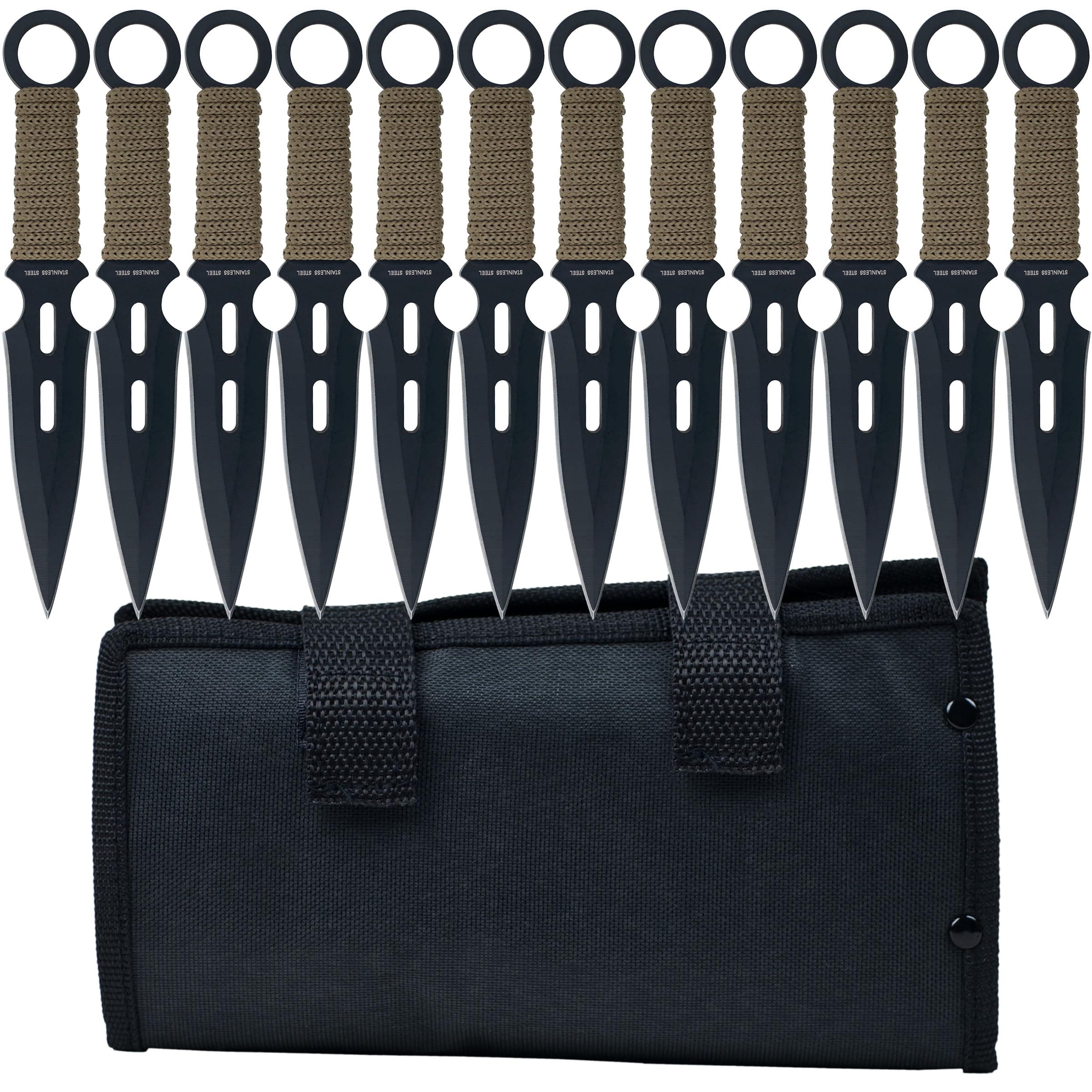 Whetstone Cutlery S-Force Kunai Knives - 12-Piece Black and Green Stainless Steel Ninja Knife Set With Cord-Wrapped Handles and Carrying Case