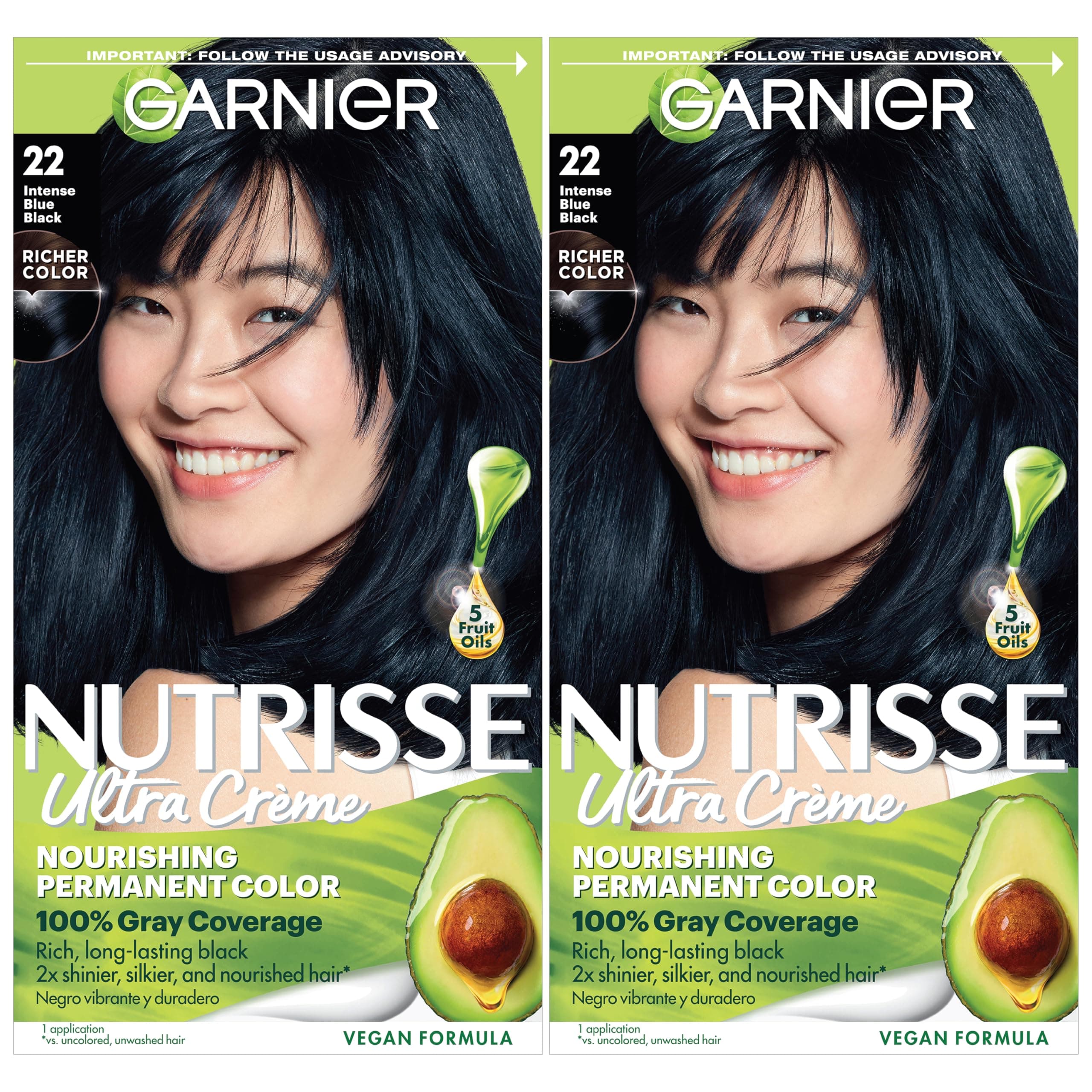 Garnier Hair Color Nutrisse Nourishing Creme, 22 Intense Blue Black, 2 Count