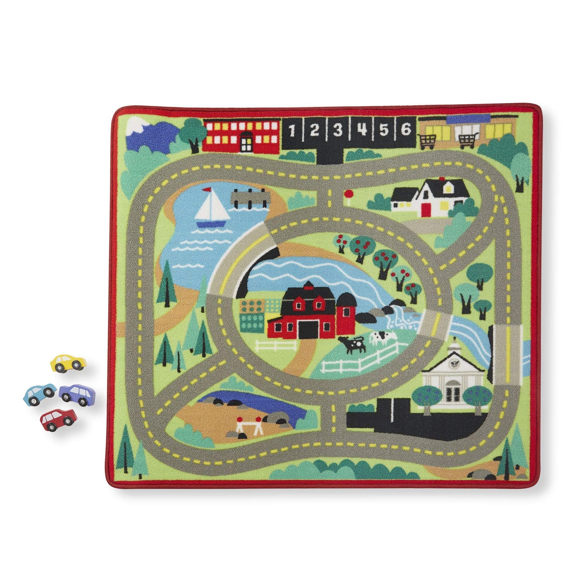 Melissa & Doug Around The Town Road Rug – Colorful Vehicle-Themed Play Mat with 4 Wooden Traffic Signs – Durable Indoor Play Rug for Imaginative Play for Kids Ages 3+ | MD9400