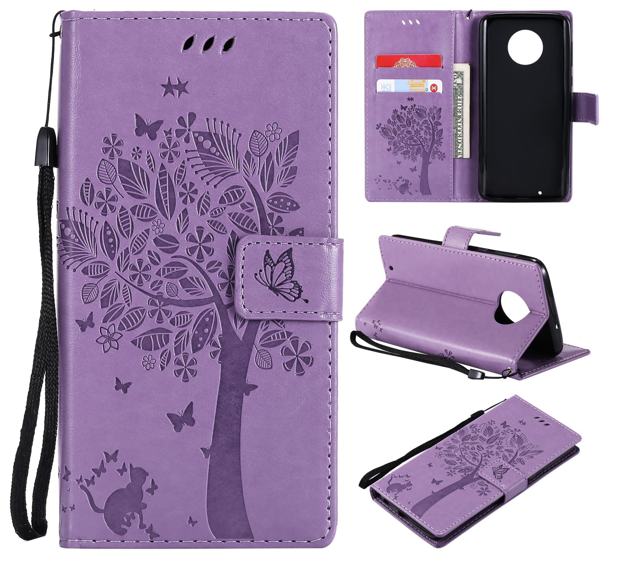 Aslim Moto G6 Case,Moto G (6th Generation) Flip Case,Moto G6 PU Leather Wallet Embossed Floral Tree Cat Case with Kickstand Flip Cover Card Holder for Moto G6 Light Purple