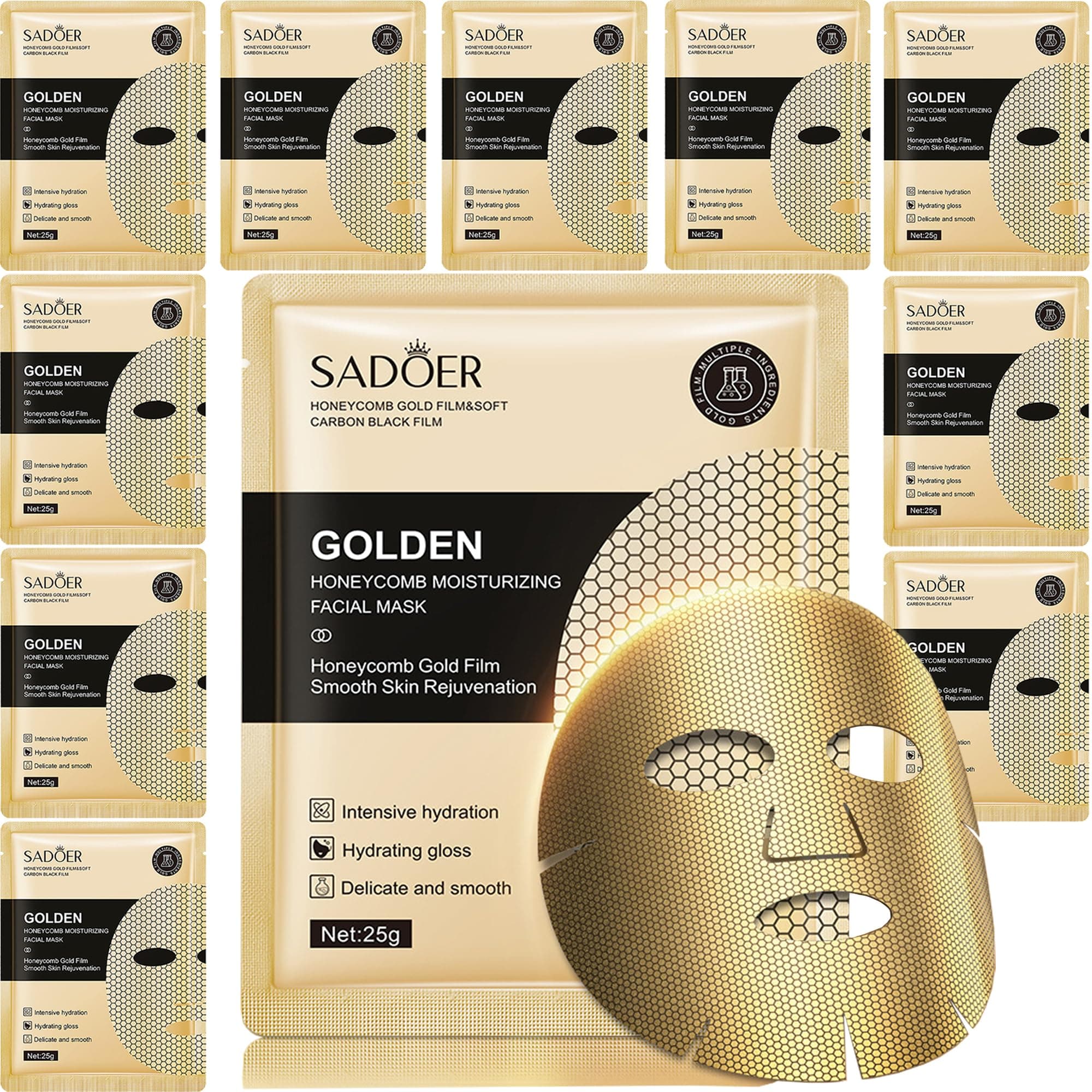 Meleell 24k Honeycomb Gold Face Mask Skin Care Set Facial Masks for Women SkinCare Face Mask Nourishing Sensitive Skin Sheet Mask (10 Count)