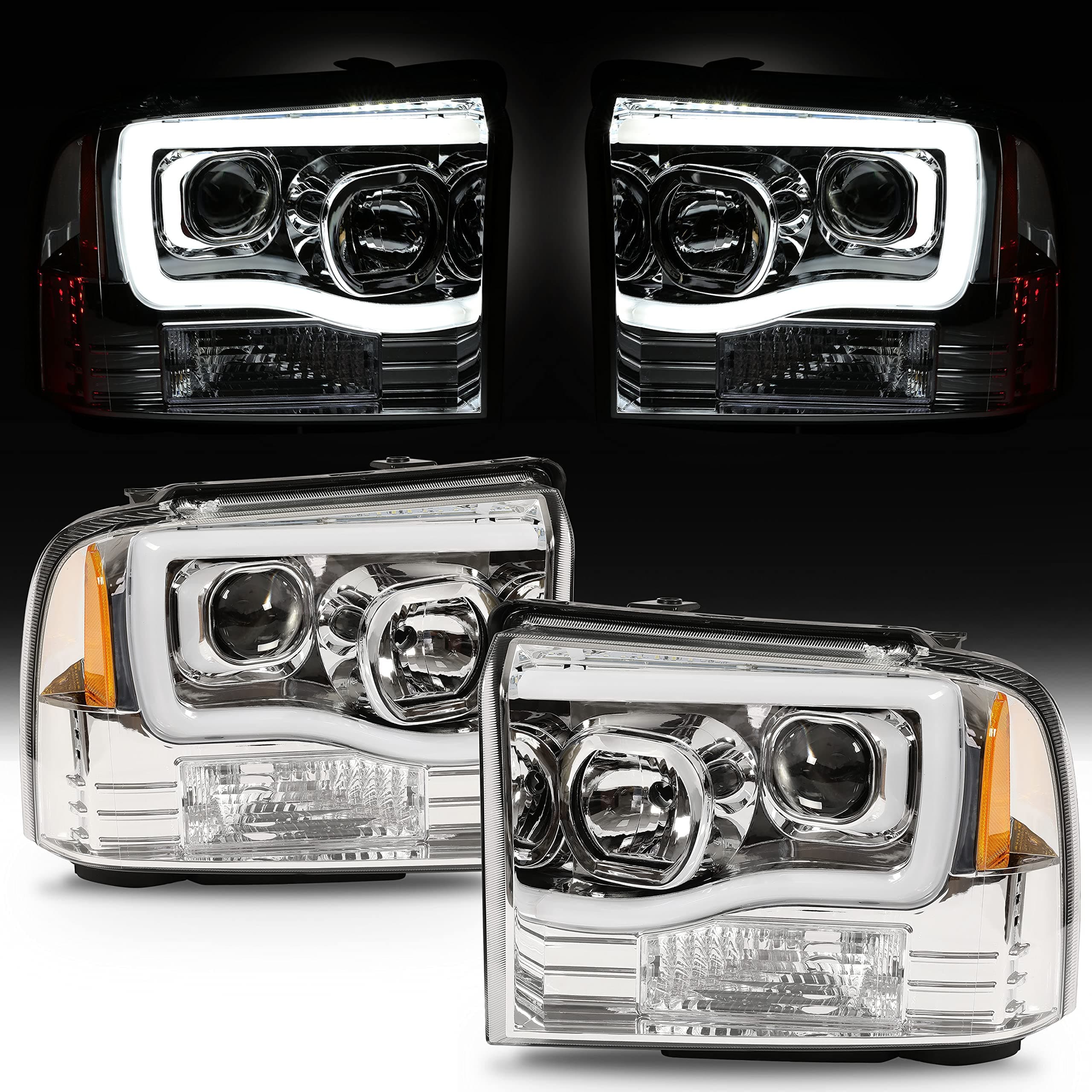 HECASA LED Projector Headlights Compatible with 2005-2007 Ford F250 F350 F450 F550 Super Duty Compatible with 2005 Ford Excursion LED Tube Bar Headlamps Replacement Clear Lens Chrome Housing
