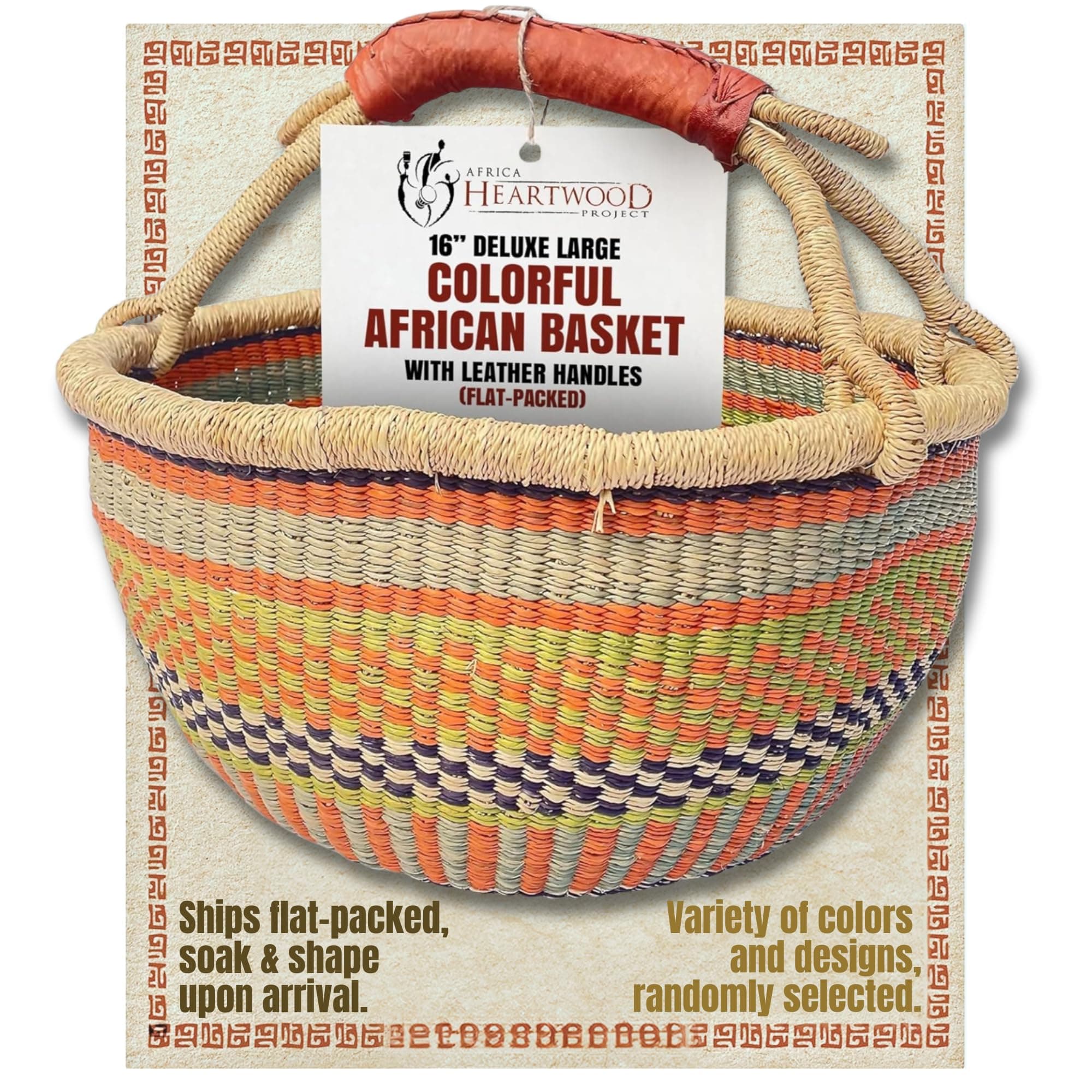 Africa Heartwood Project Deluxe Colorful African Basket with Leather Handles - Handmade from dried Elephant Grass, Hand-Woven by Women in Bolgatanga, Ghana - Large 16" Round Flat-packed