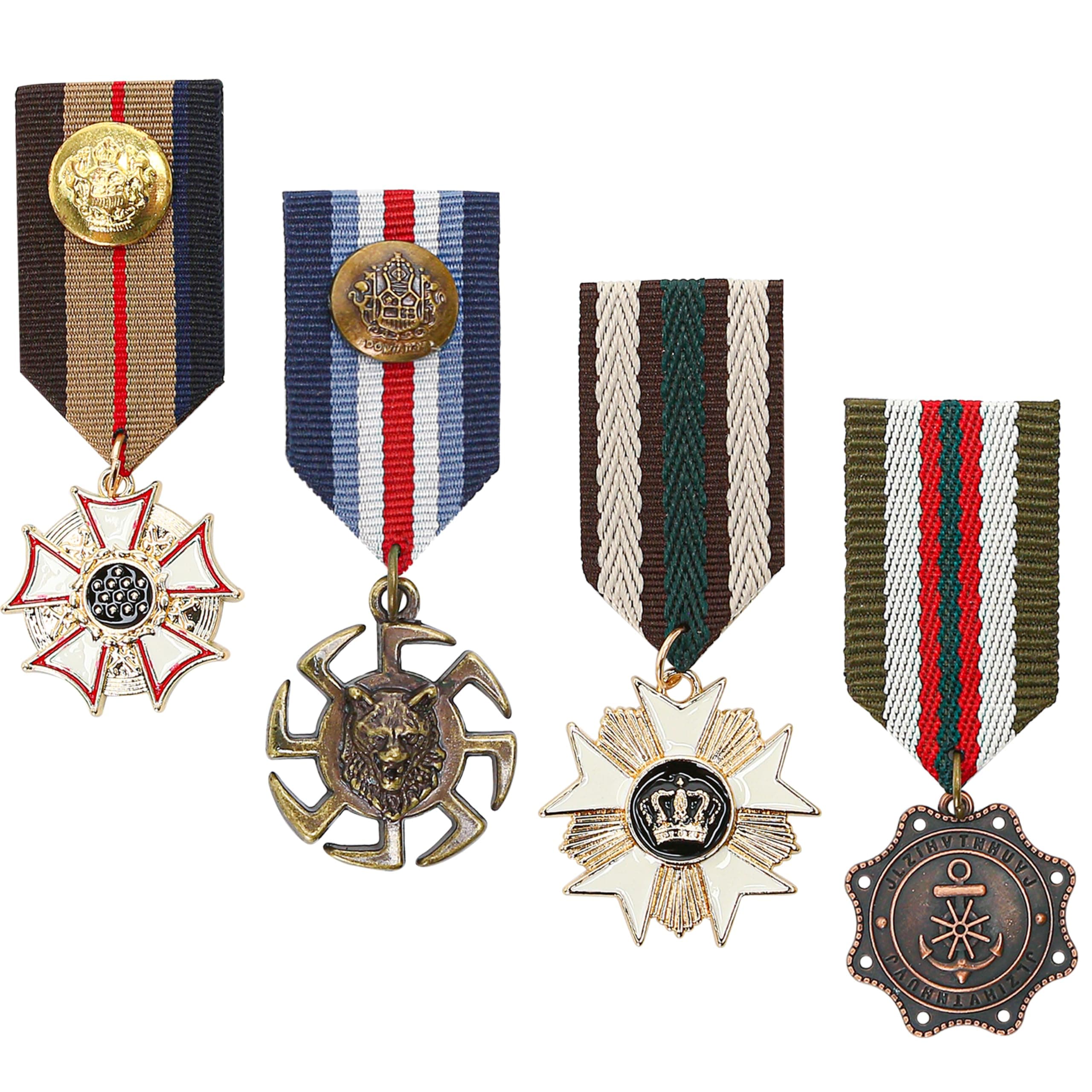 Marsrut 4PCS Military Medal Brooch Pins, Retro Vintage Crown Metal Fake Metal Geometric Brooch for Men Badge, Soldier Patriot US Officer Army Uniform Costume Ribbons Epaulets Coat Jacket