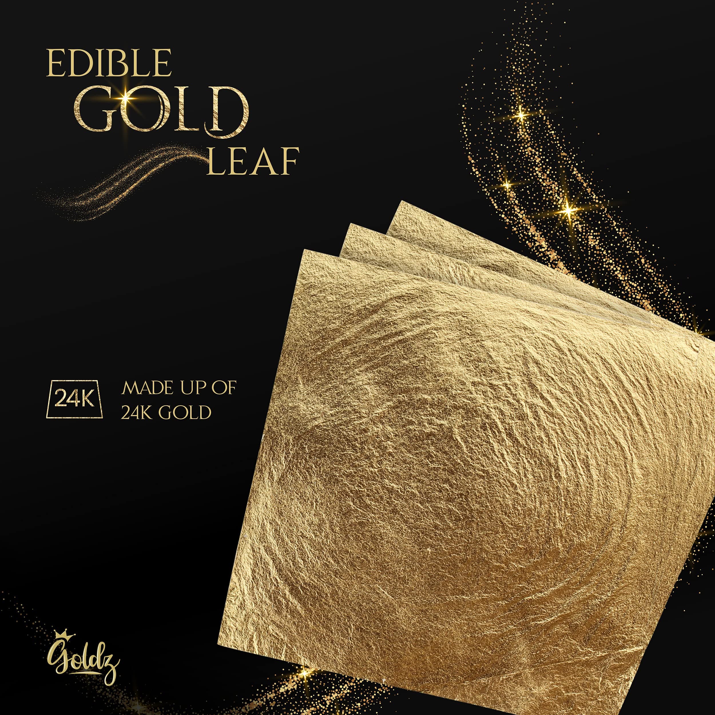 Goldz: 24K Genuine Edible Gold Leaf - 10cm x 10cm - 12 Sheets for Art, Food, Craft, Decoration, Beauty - Real & Pure