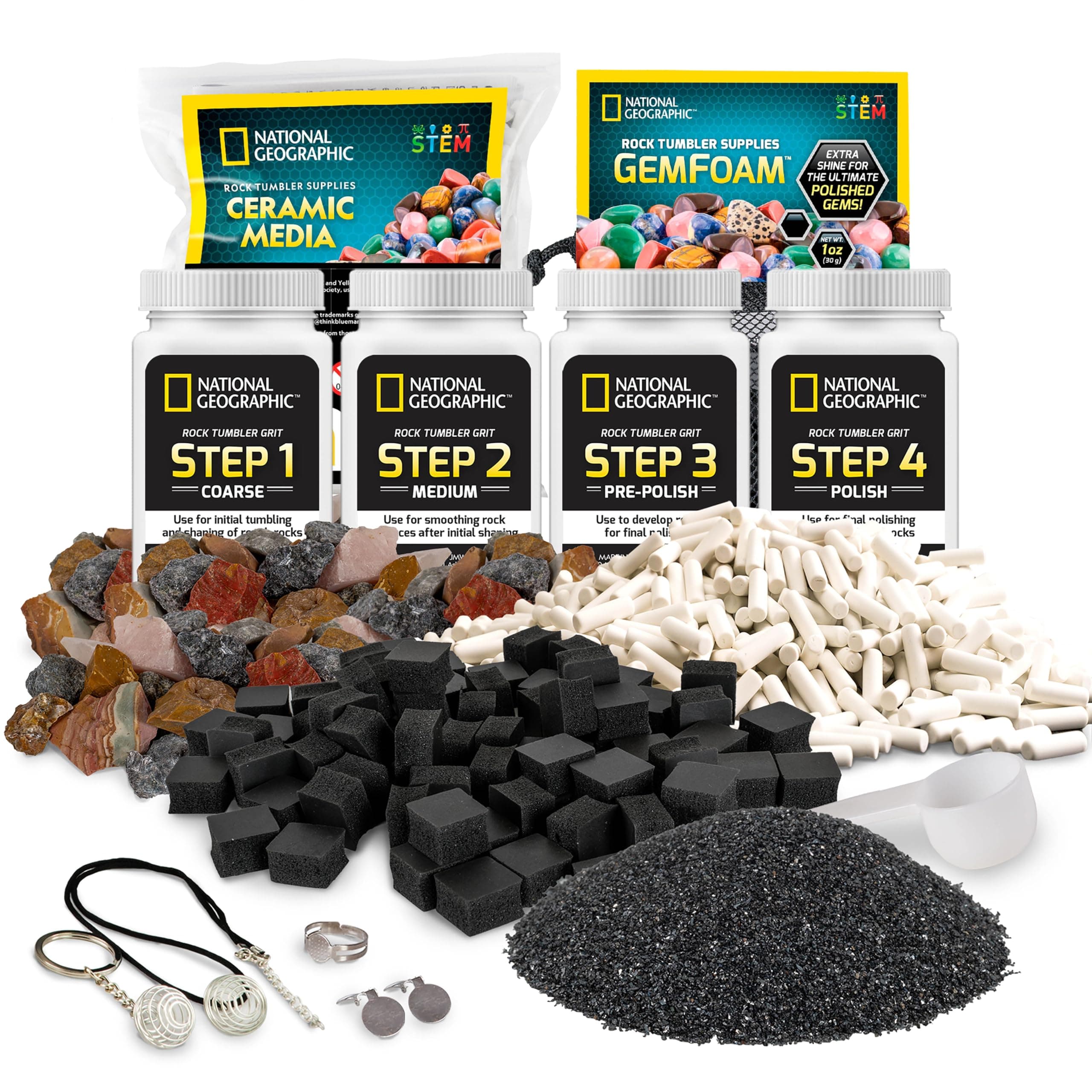 NATIONAL GEOGRAPHIC Rock Tumbler Media – Rock Polisher Tumbler Kit, 4 Stage Rock Tumbler Grit and Polish, Ceramic Pellets, GemFoam Polishing Foam, 3 lbs Madagascar Rocks, Great for All Rock Tumblers