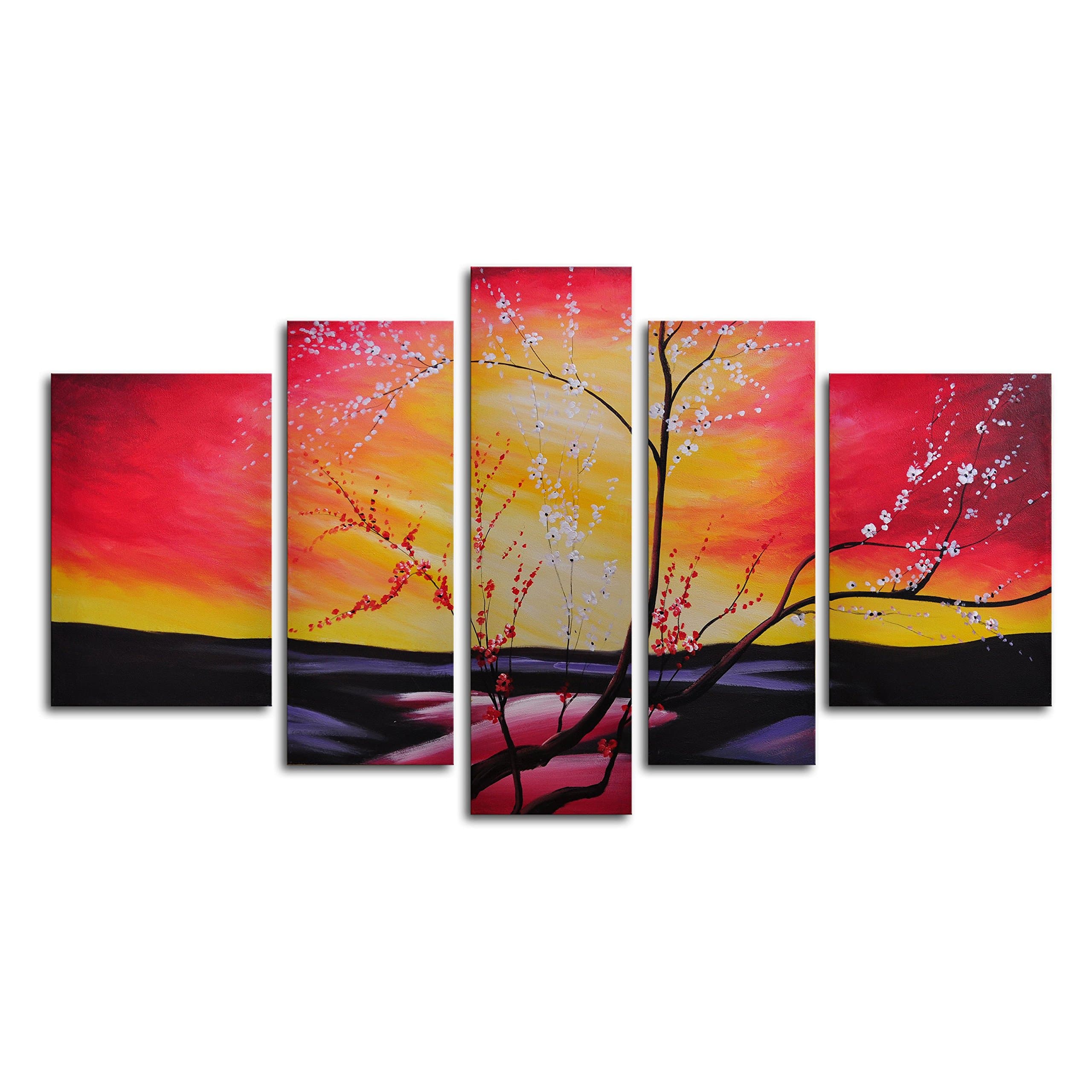 TJie Art Hand Painted Mordern Oil Paintings The Great Beyond 5, For indoor use 5-piece wall art in classic style, Hand-painted artwork on canvas, Landscape theme in a mix of yellow red and pink, Dimensions: 68W x 40H in.