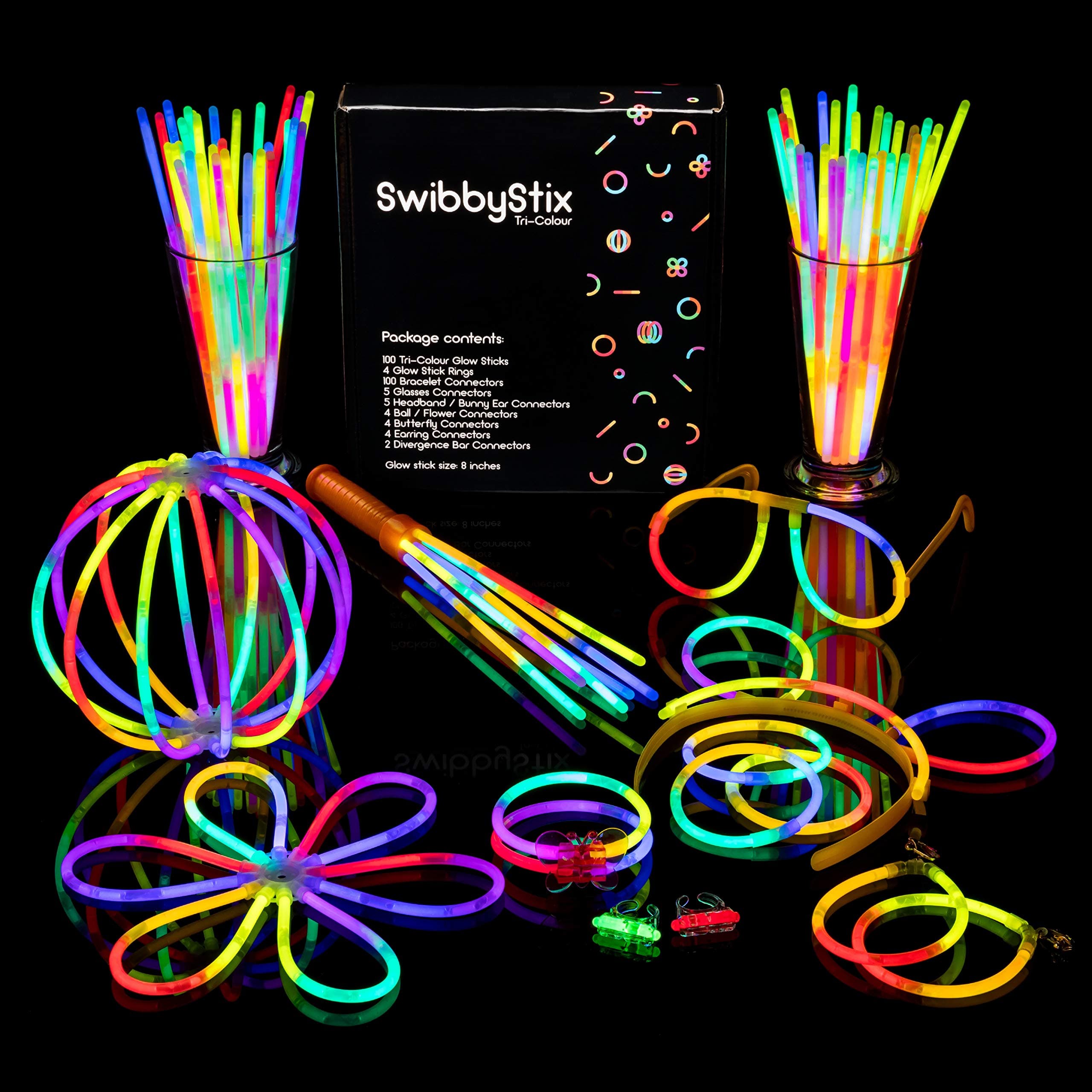 100 Glow Sticks TRI-Colour Party Pack, 8 Inch Glow Sticks, 132 Connectors, 6 Colour Combos, 12-24 Hour Glow Time, Kit for Bracelets, Glasses, Headbands, Bunny Ears, Balls, Flowers and More