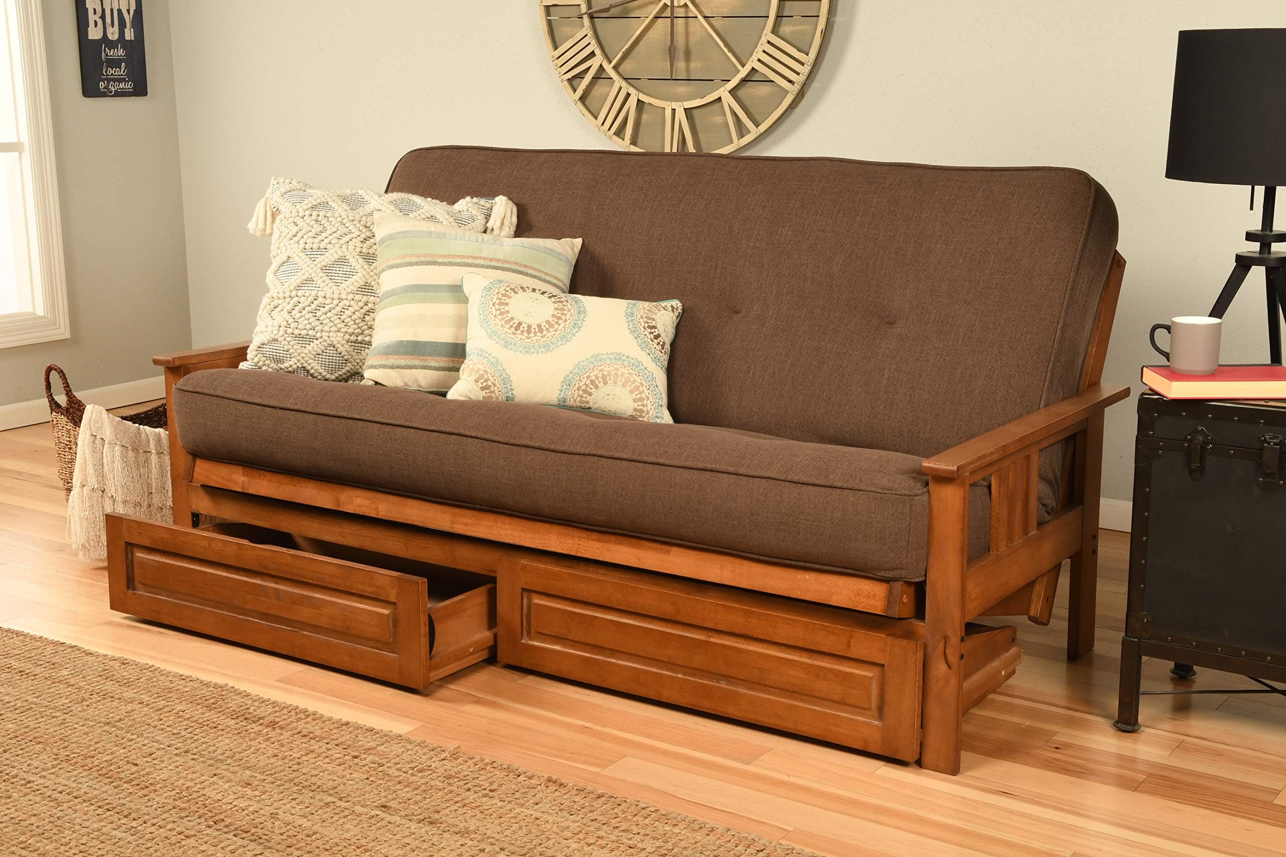 Kodiak Furniture Monterey Futon Set with Storage Drawers, with Barbados Base and Linen Cocoa Mattress