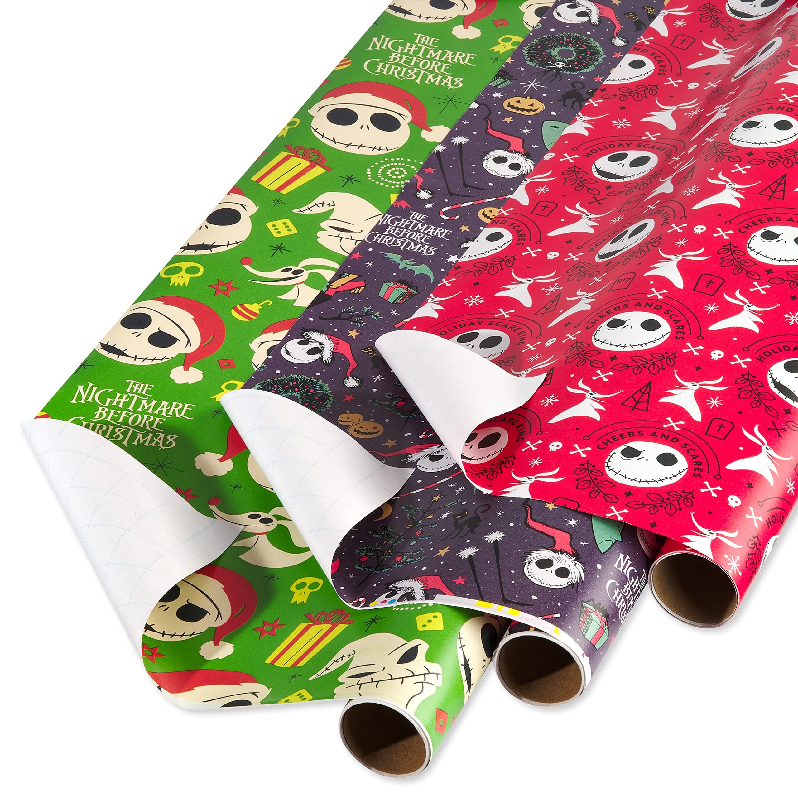 American Greetings Nightmare Before Christmas Christmas Wrapping Paper Rolls, Black and Red Holiday Gift Wrap (105 sq. ft., 3 Rolls-30 in. x 14 ft., Cut Lines) Jack Skellington, Oogie Boogie, Cosmo