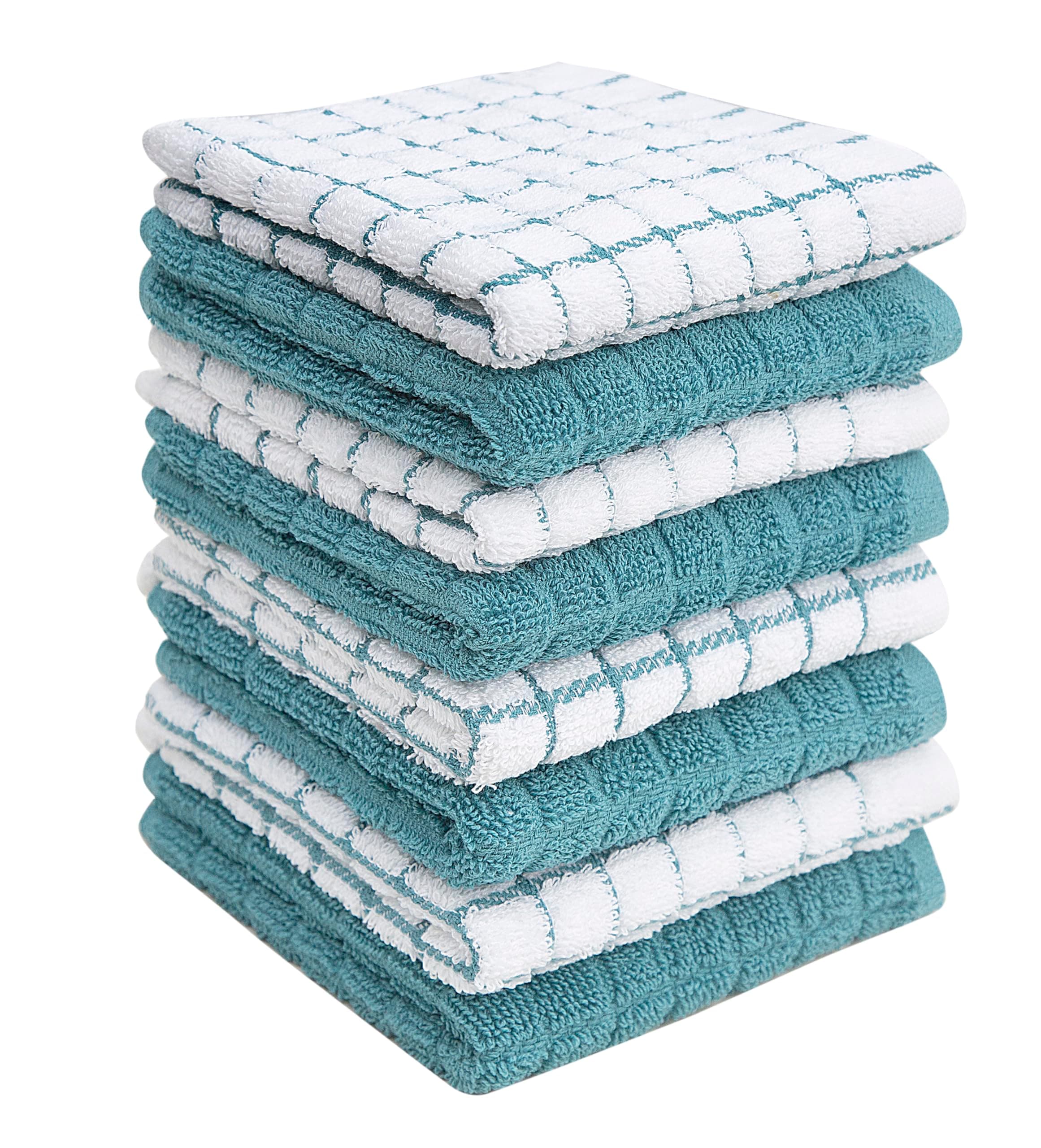 Bumble Towels Premium Cotton Dish Cloths (12" x 12") Aqua Check Design | Highly Absorbent with Hanging Loop | Natural Ring Spun Cotton | Kitchen Dish Set | 380 GSM - 8 Pack