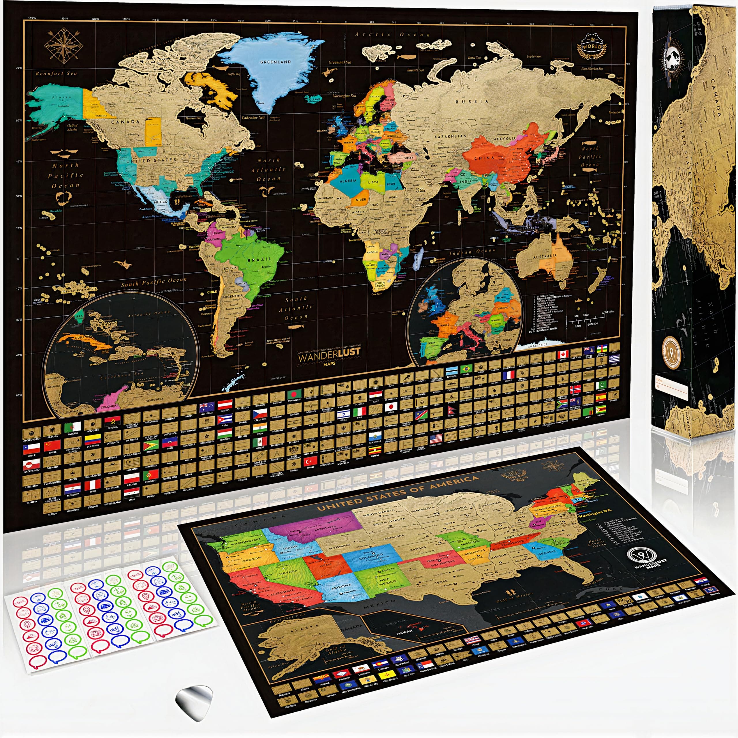 Scratch Off Map of The World + Premium Scratch Off USA Map, Accessories and Gift Packaging | Personalized Travel Map Poster with Outlined States, Flags and Beautiful Colours | Manufactured in the EU